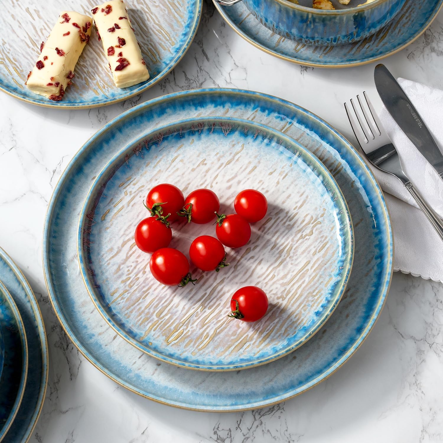 Joseph Sedgh Collection “Talia” 12-piece Stoneware Dinnerware Set with Reactive Glaze Finish, Service for 4, Blue Reactive Glaze