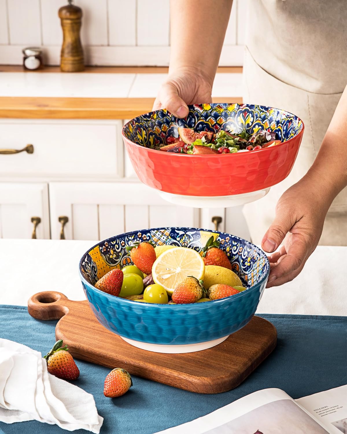 HENXFEN LEAD Large Salad Bowl Sets for Serving Pho, Ramen, Soup, Fruit, Snacks - 48 Oz Big Ceramic Bowls for Family, Kitchen Cooking, Dinner Party - Set of 2