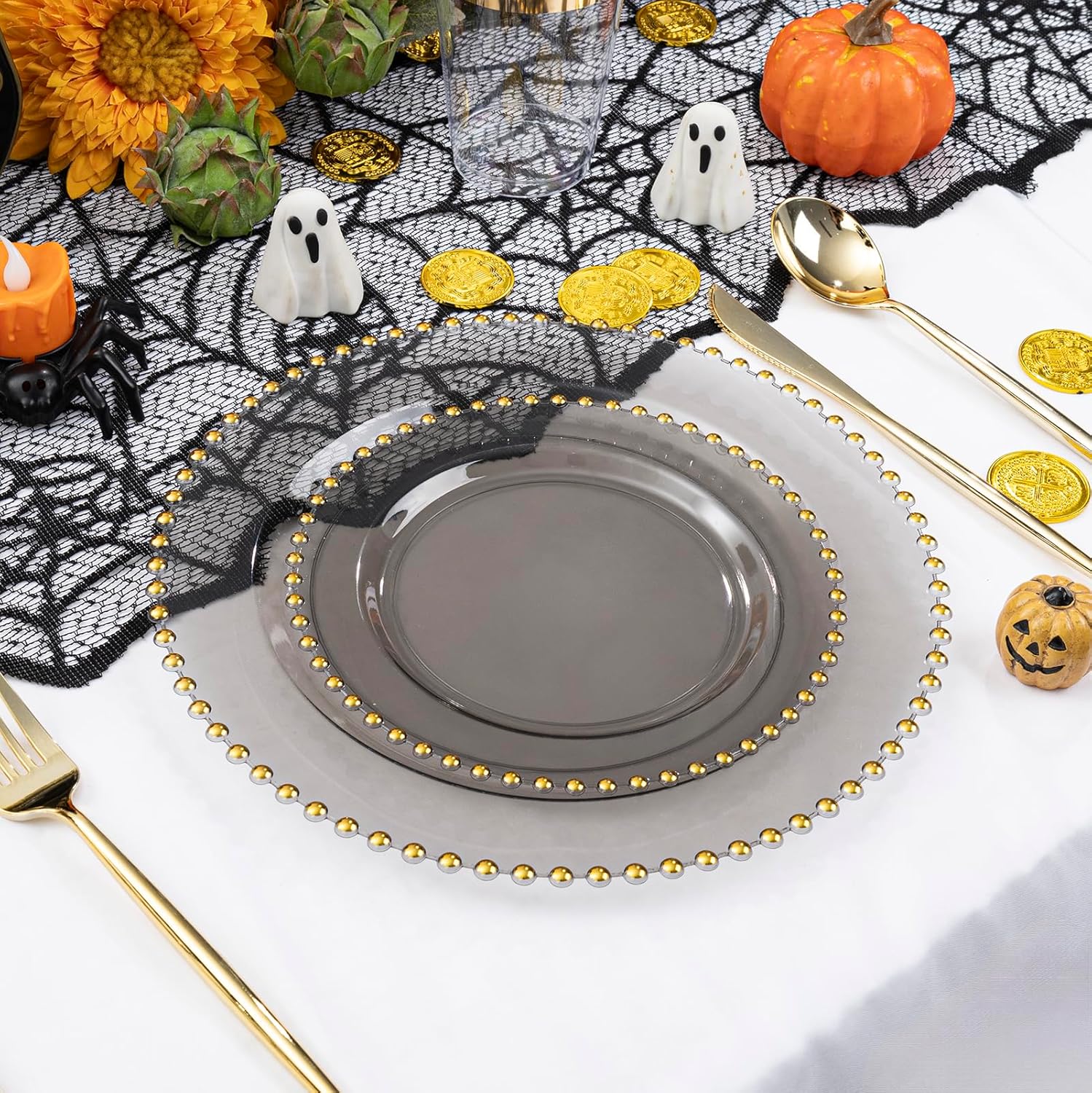 EI 60pcs Black and Gold Plastic Plates Clear with Black Disposable Plates Heavy Duty Gold Plastic Dinnerware Set For 30 Guests Perfect Wedding,Party,Birthday,Anniversary,Christmas,New Year