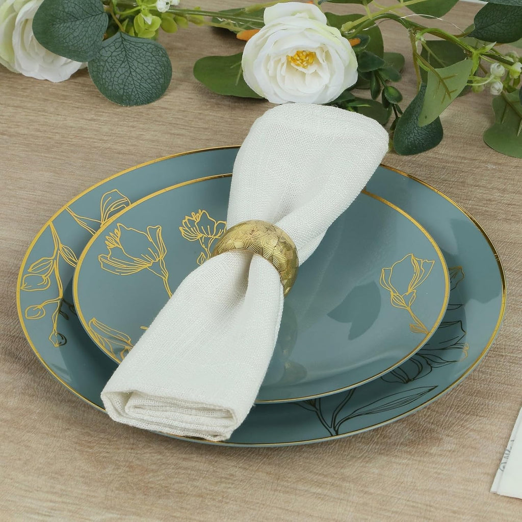 Dinner Plates Set for 20 Guests, Dusty Blue Plastic Party Plates With Metallic Gold Floral Design, 20x 8 inch inch Salad Plates + 20x 10 inch inch Dinner Plates