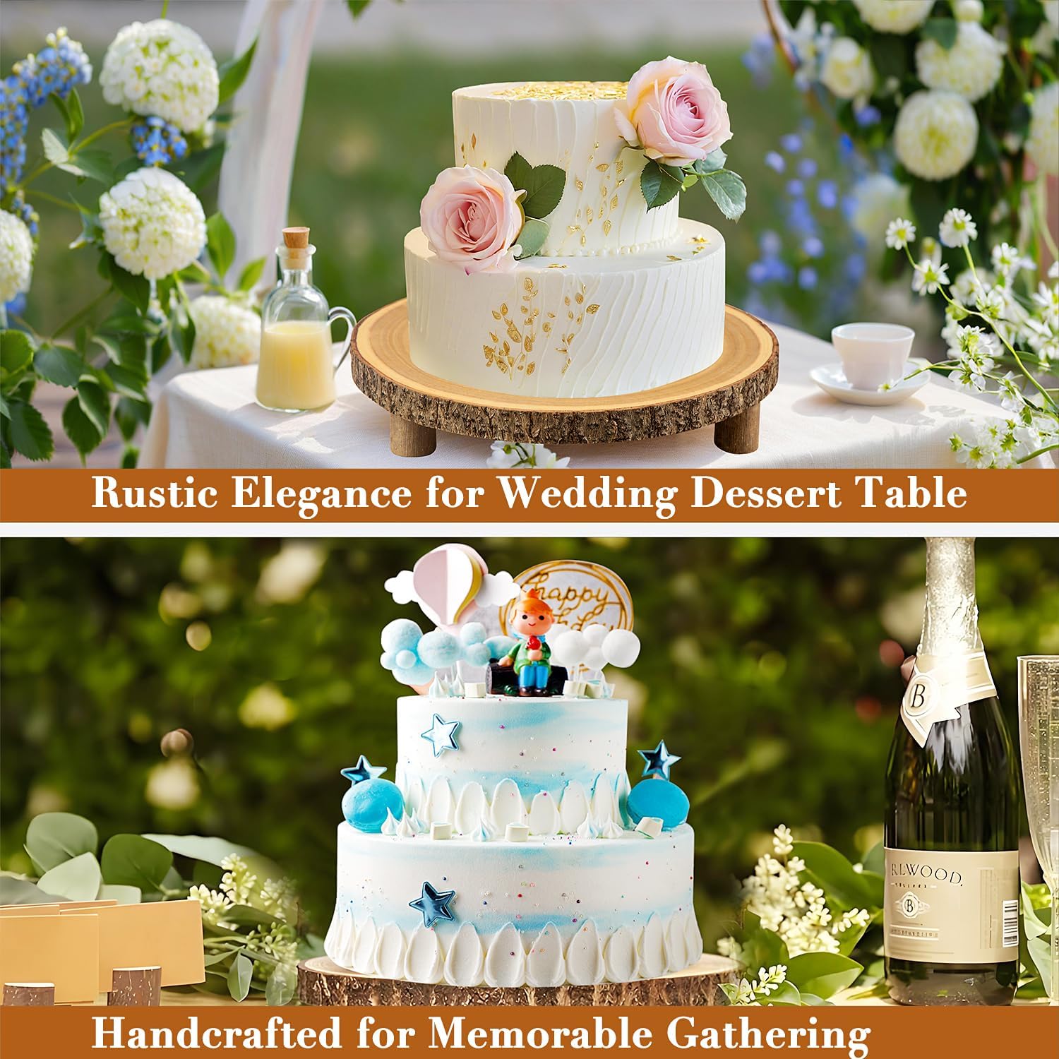 Rustic Wood Cake Stand - 11-13 Inch Wooden Slice with Legs for Elegant Wedding, Birthday, & Woodland-Themed Parties（1Pcs）