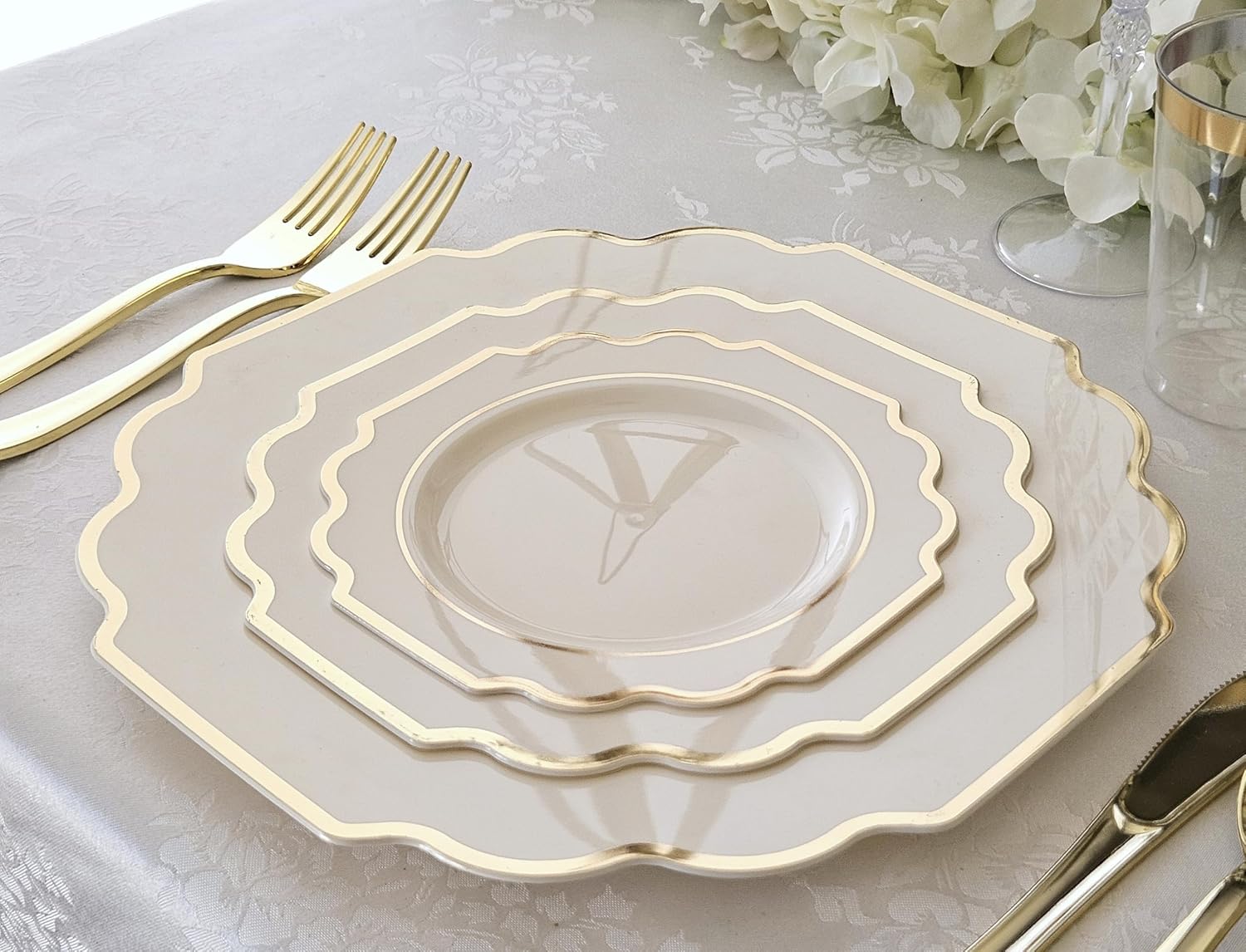 " OCCASIONS " 150 Piece set (25 Guests)-Wedding Plastic Plates & cutlery -Disposable heavyweight Dinnerware 10.5'', 8'' + Silverware w/double fork (Imperial Ivory & Gold)