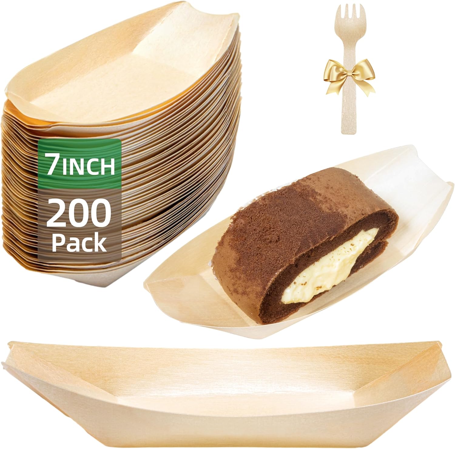 200-Pack Wooden Disposable Plates 7 IN Boat Plates Food Trays Disposable Dessert Plates Disposable Food Boats for Party Weddings Picnic (Actual Size Used: 3.94" D x 2.28" W x 0.79" H)