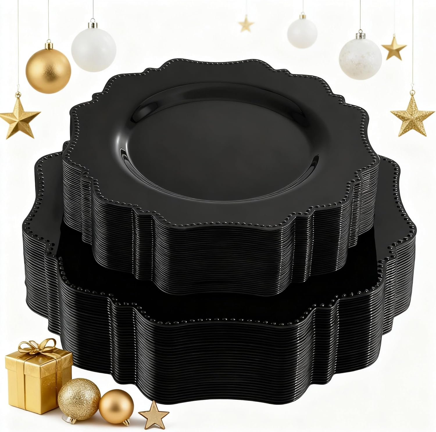 COLOSUS 100pcs Black Plastic Plates - Heavy Duty Black Plastic Plates Disposable for Party/wedding Include 50pcs Dinner Plates and 50pcs Dessert Plates.