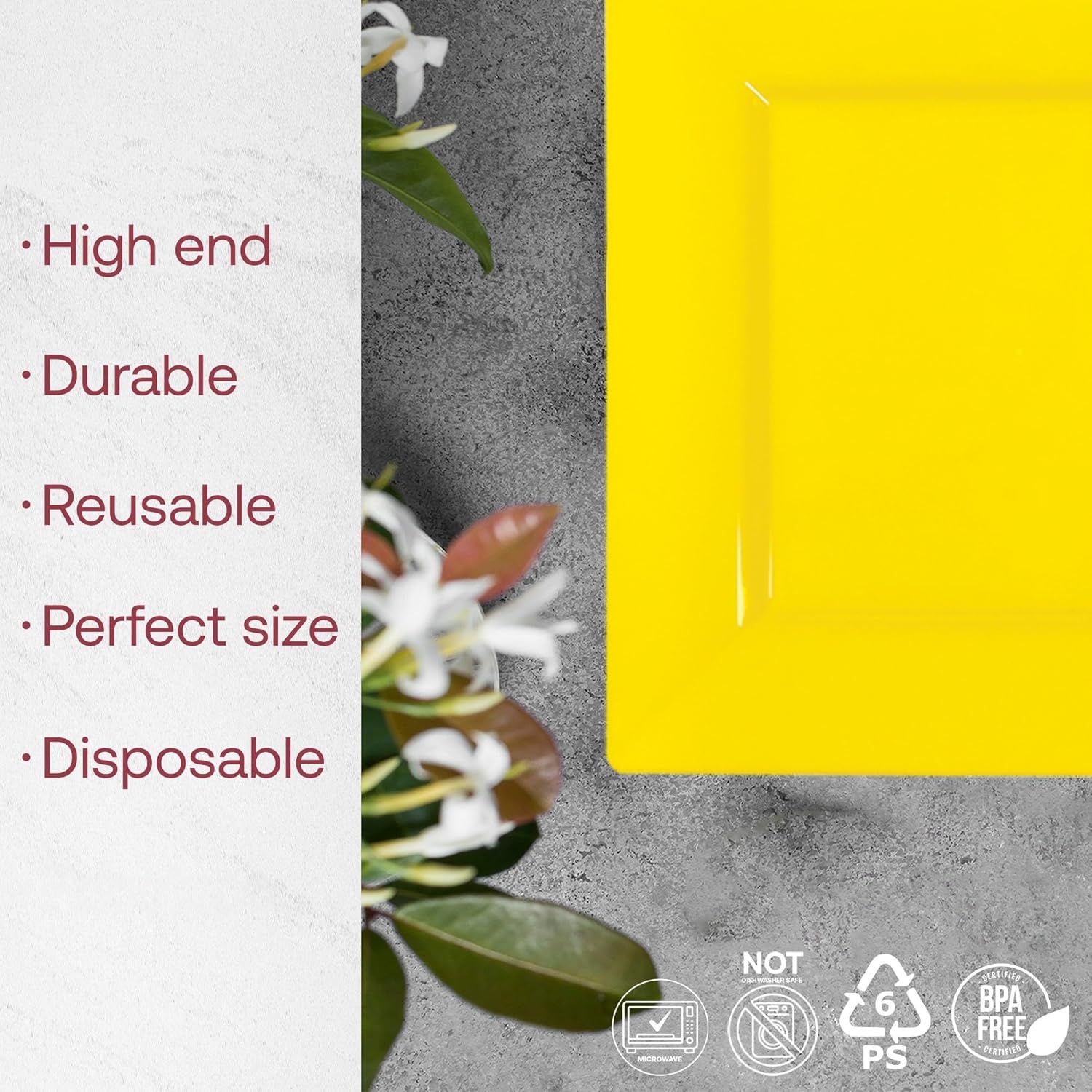 Smarty Had A Party 120 Disposable Plastic Dessert Plates, 6.5" Heavy Duty Square Yellow Salad Plates for Appetizers, Cakes, and Parties, Bulk Supplies for All Occasions