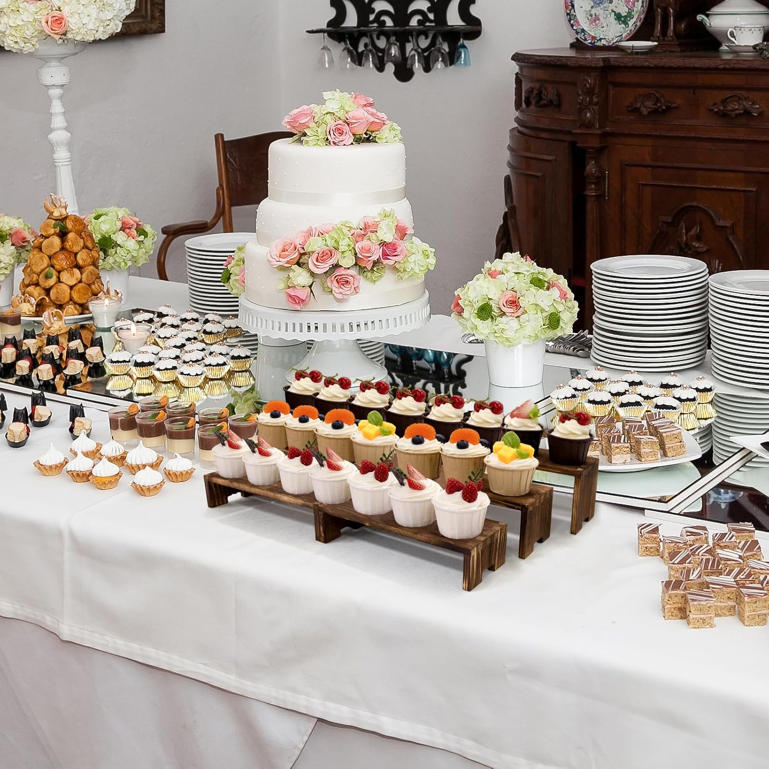 Display Wood Risers Wooden Stand 3 Tier Wood Racks Decorative Rectangular, 2 Set 6 Piece Cupcake Stands Cologne Perfume Organizer Dessert Showcase(Brown)