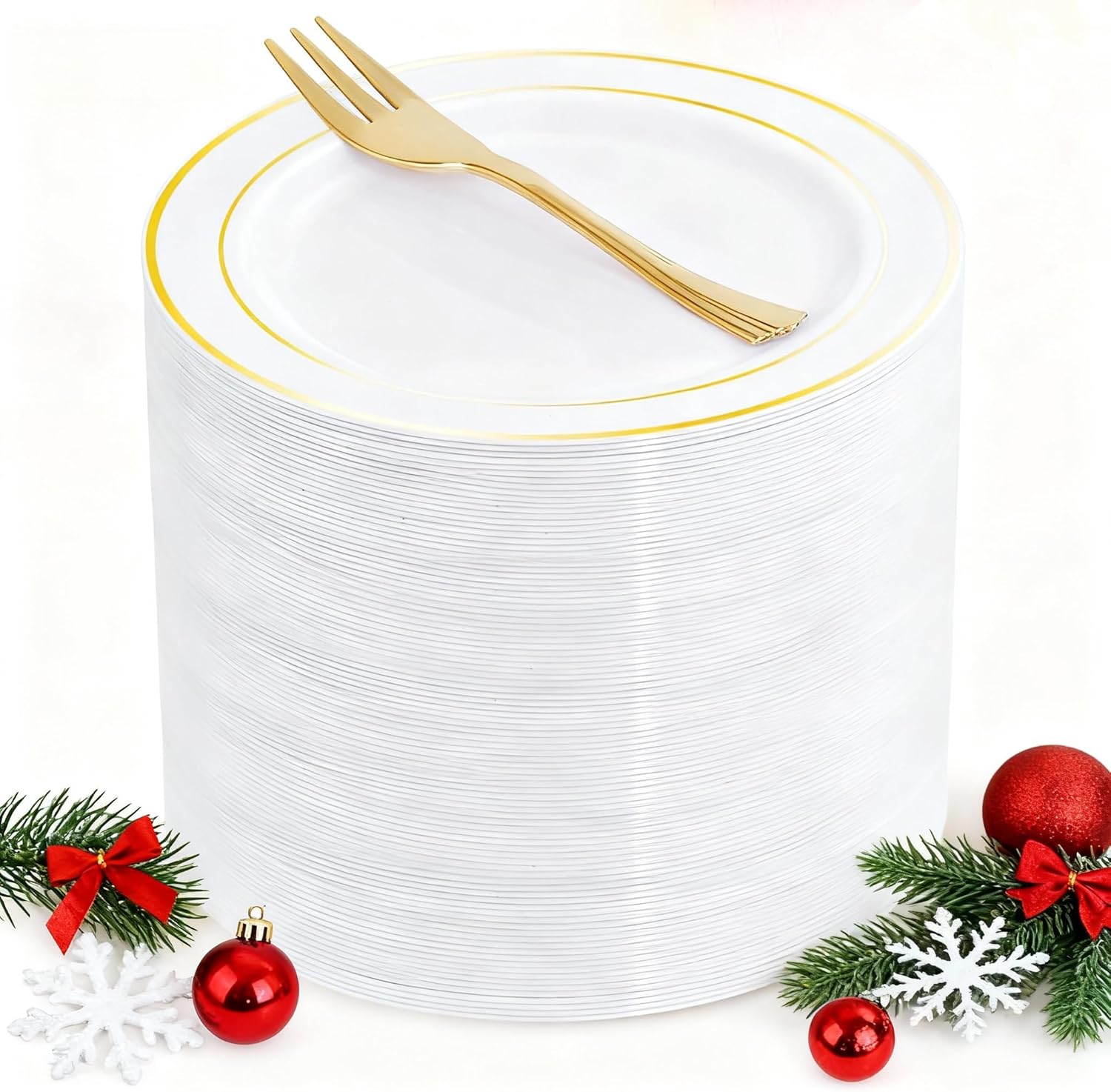 WELLIFE 60 PCS Gold Plastic Dessert Plates and 60 PCS Forks, 6.3 inch Disposable Salad Plates, Premium White Appetizer Plates with Gold Rims, Perfect for Party and Christmas