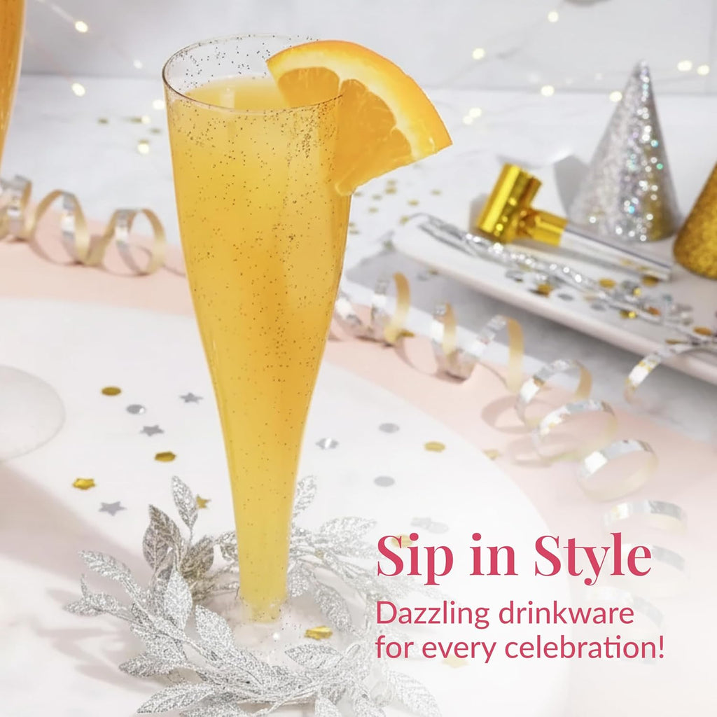 Prestee 24 Plastic Champagne Flutes - Gold Champagne Flutes Plastic - Gold Disposable Mimosa Flute - Party Supplies - Disposable Cocktail Glasses - Mimosa Bar, Wedding, Shower Party