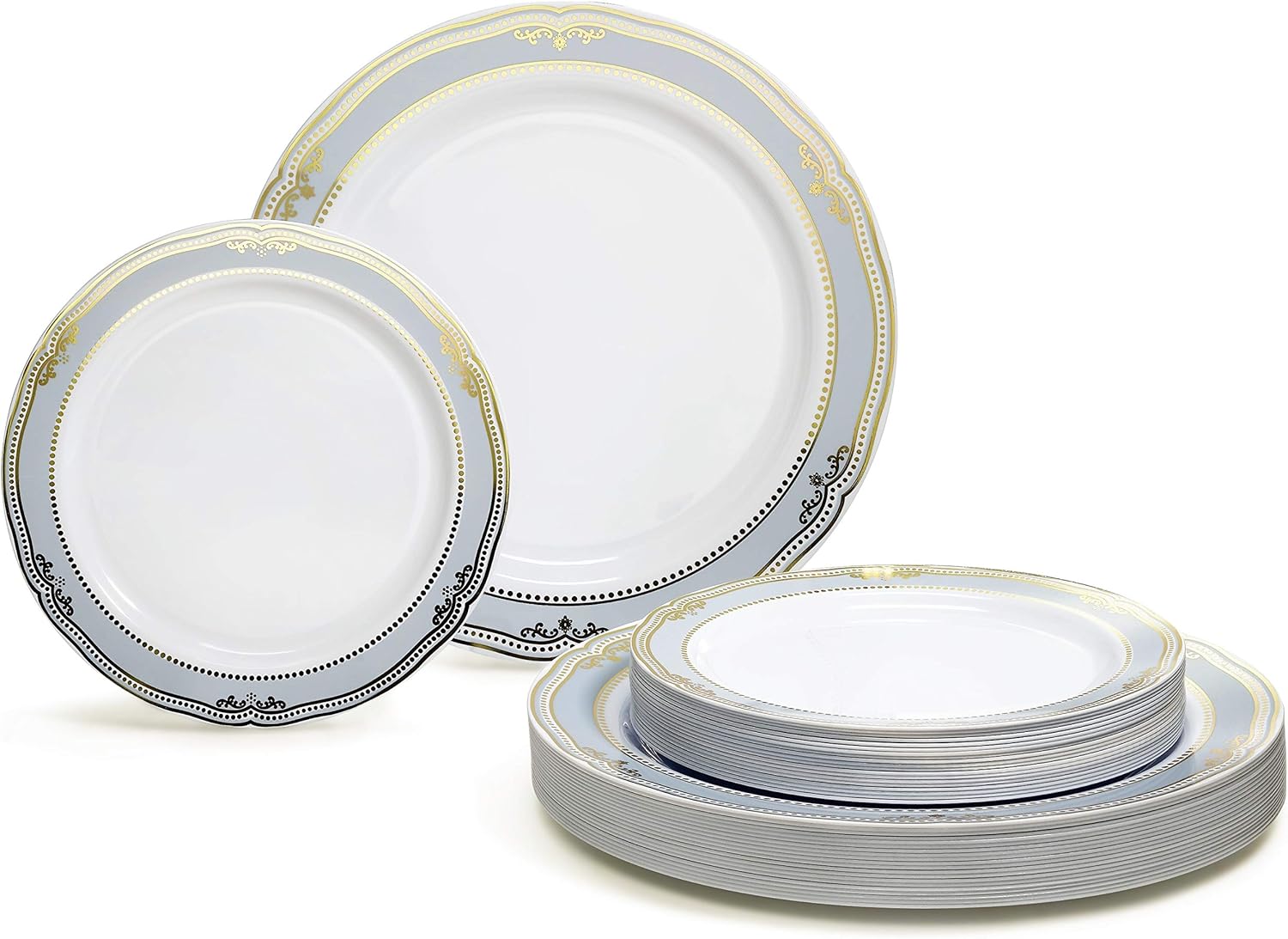 " OCCASIONS " 240 Plates Pack,(120 Guests) Premium Wedding Party Disposable Plastic Plates Set -120 x 10.25'' Dinner + 120 x 7.5'' Salad/Dessert (Scalloped in White/Blue & Gold)