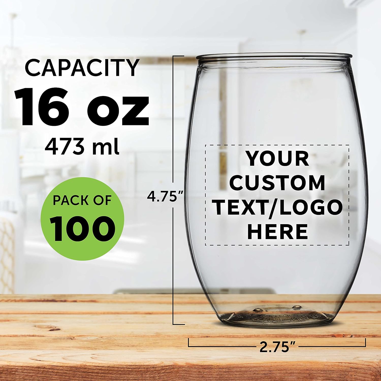 Custom Plastic Stemless Wine Glasses 16 oz. Set of 100, Personalized Bulk Pack - BPA Free, Great for Outdoor Lounges, Poolside, Parties and Other Events - Clear