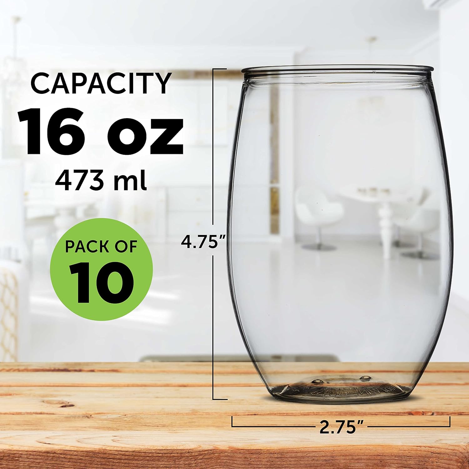 Plastic Stemless Wine Glasses 16 oz. Set of 10, Bulk Pack - BPA Free, Great for Outdoor Lounges, Poolside, Parties and Other Events - Clear