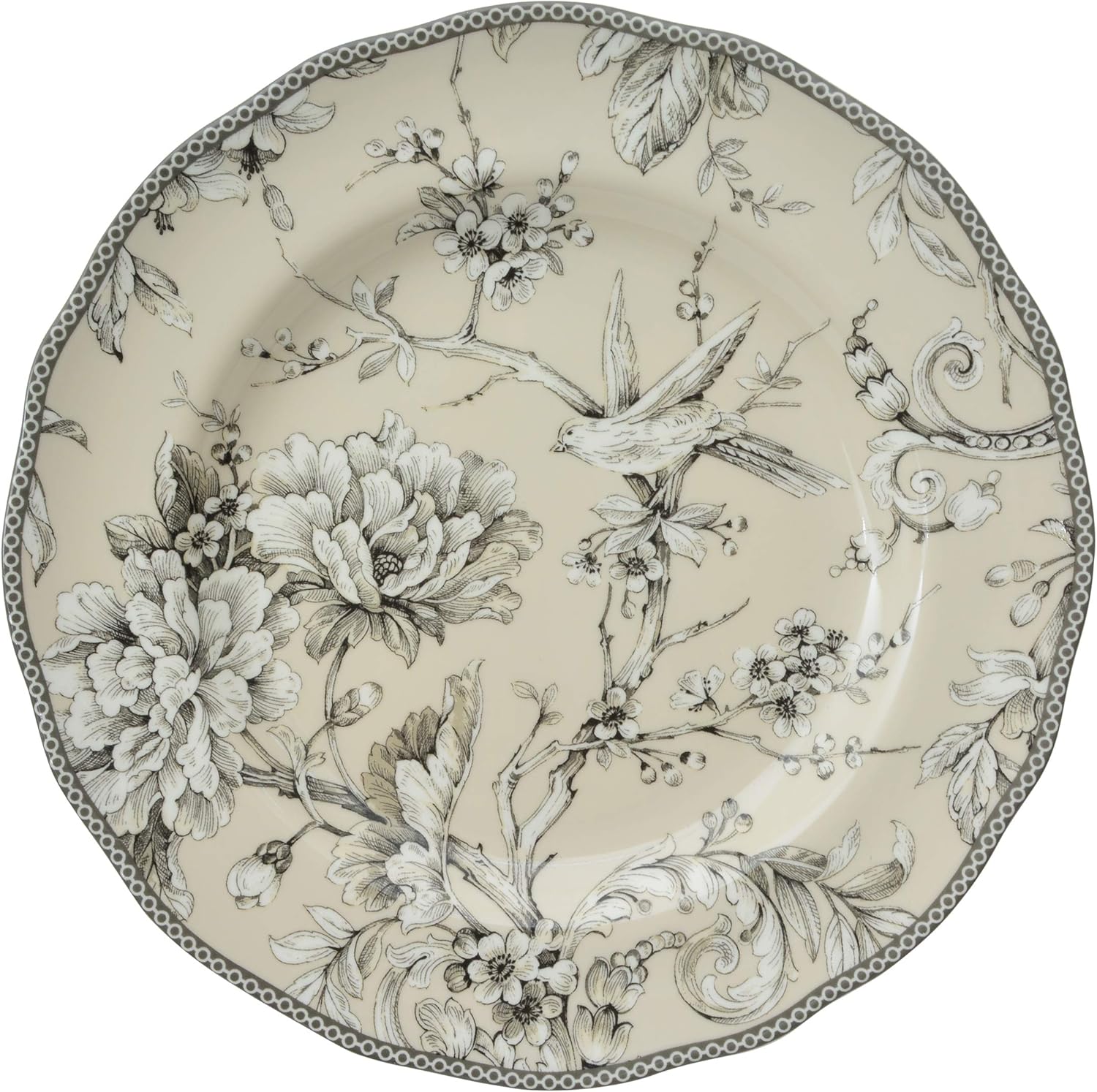 222 Fifth Adelaide 16-Piece Traditional Antique White Porcelain Dinnerware Set – Service for 4, Romantic Bird & Floral Design, for Everyday Dining & Entertainment, Microwave & Dishwasher Safe
