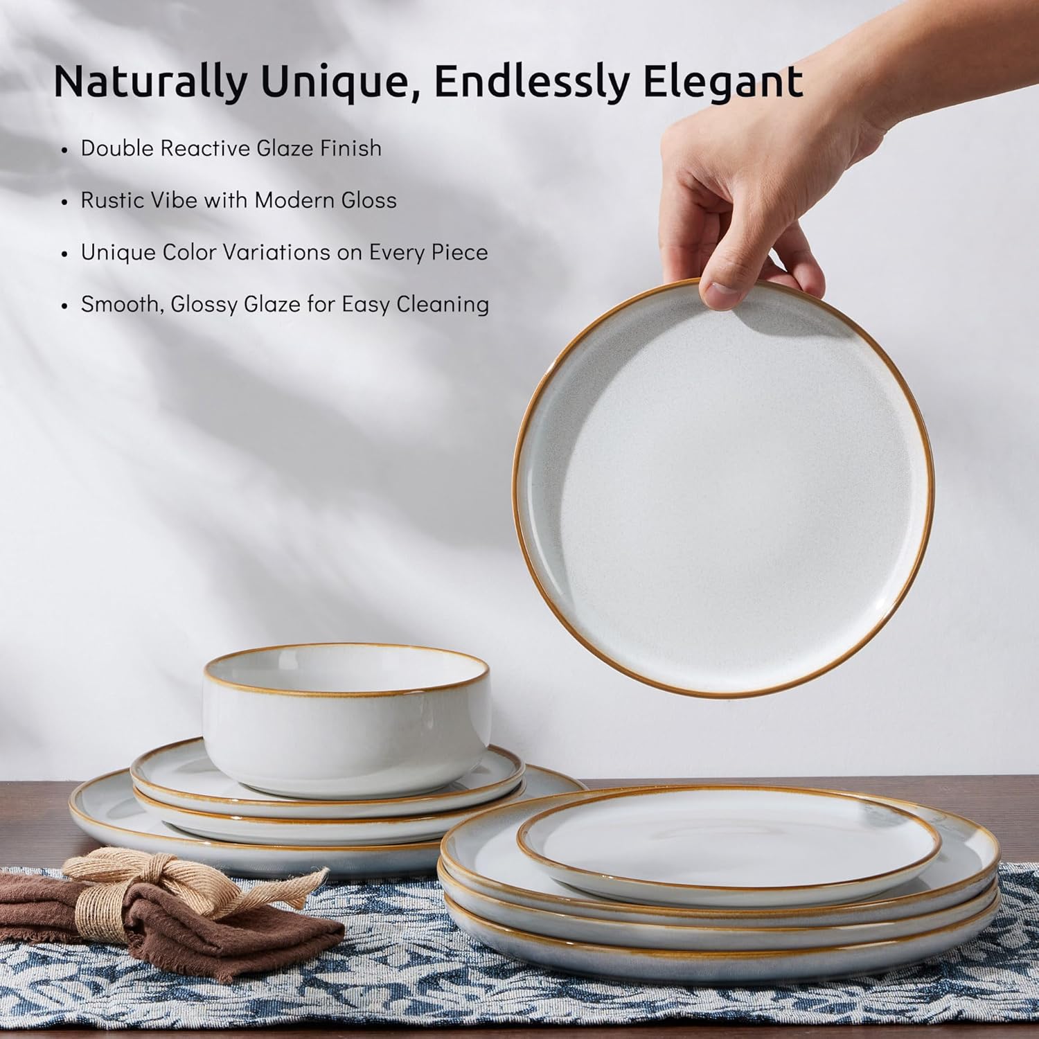 E-far Plates and Bowls Set for 8, 24-Piece Stoneware Dinnerware Sets, Ceramic Dinning Ware Reactive Glaze Dishes Set, Microwave & Dishwasher Safe - Seashell White