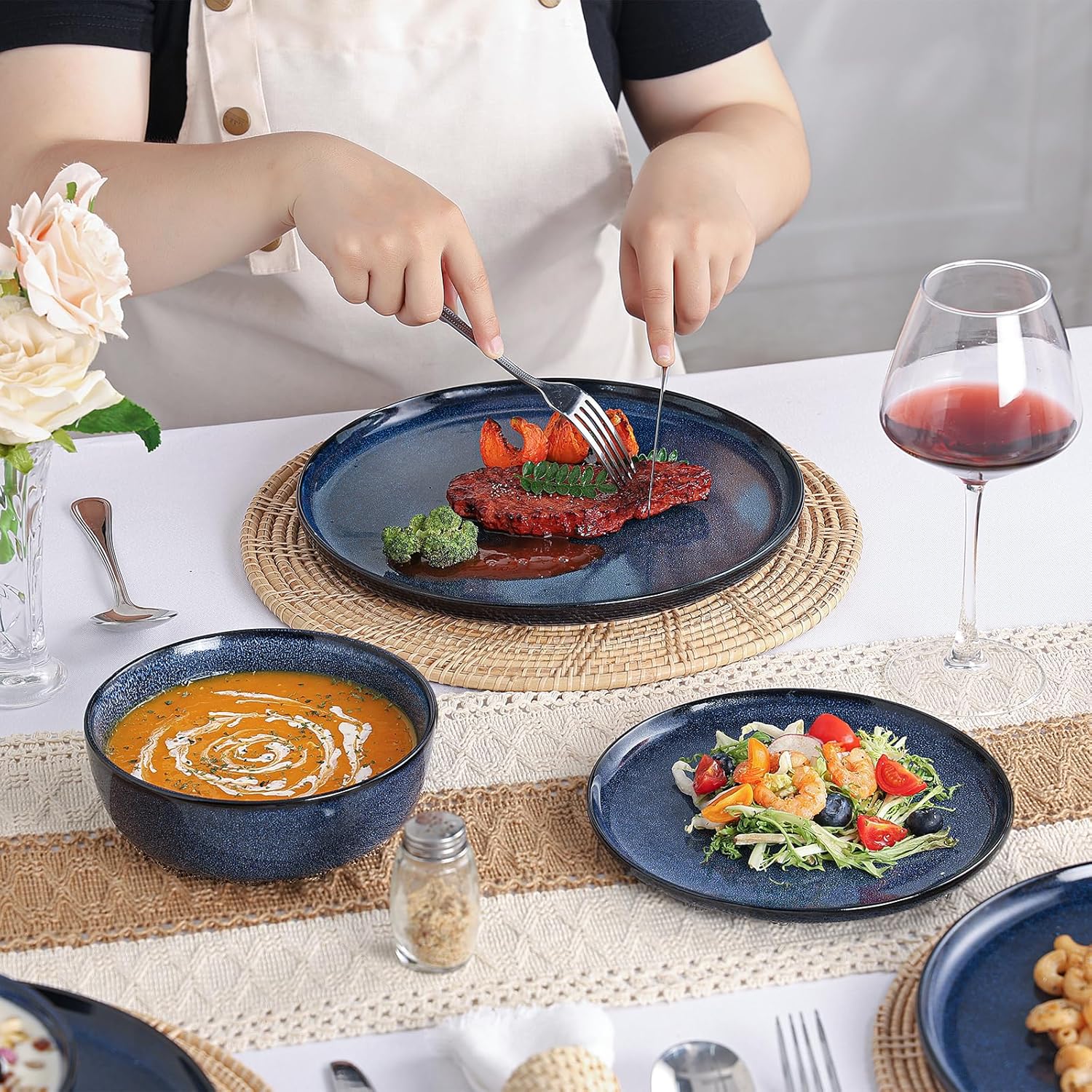 Ceramic Plates and Bowls Sets: 18 Piece Porcelain Dinnerware Sets, Stoneware Kitchen Dishes Set for 6, Scratch Resistant Plate Set, Microwave Dishwasher Oven Safe, Reactive Glaze (Blue)