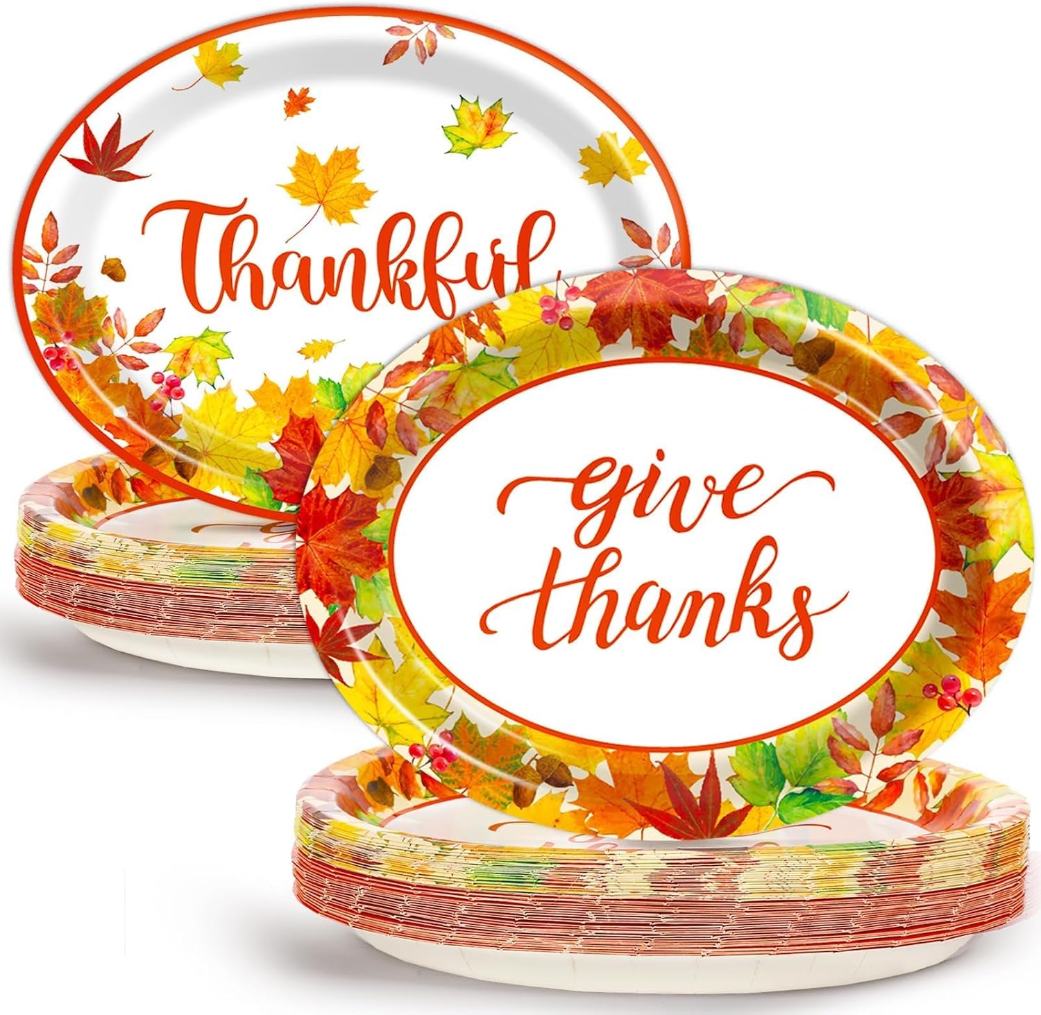 Qyeahkj 50PCS Thanksgiving Oval Paper Plates Large 11”Heavy Duty Disposable Plates Fall Party Decorations Give Thanks Serving Platter Supplies Favor Autumn Maple Leaf Party Tableware Set