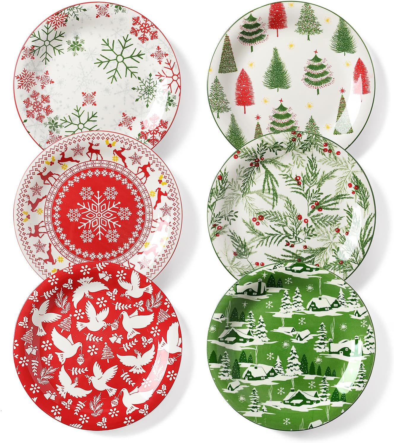 Christmas Salad Plates, 8 Inch Ceramic Dessert Plate Set, Appetizer Plates for Pasta, Side Dishes, Holiday Treats, Dishwasher & Microwave Safe, Set of 6
