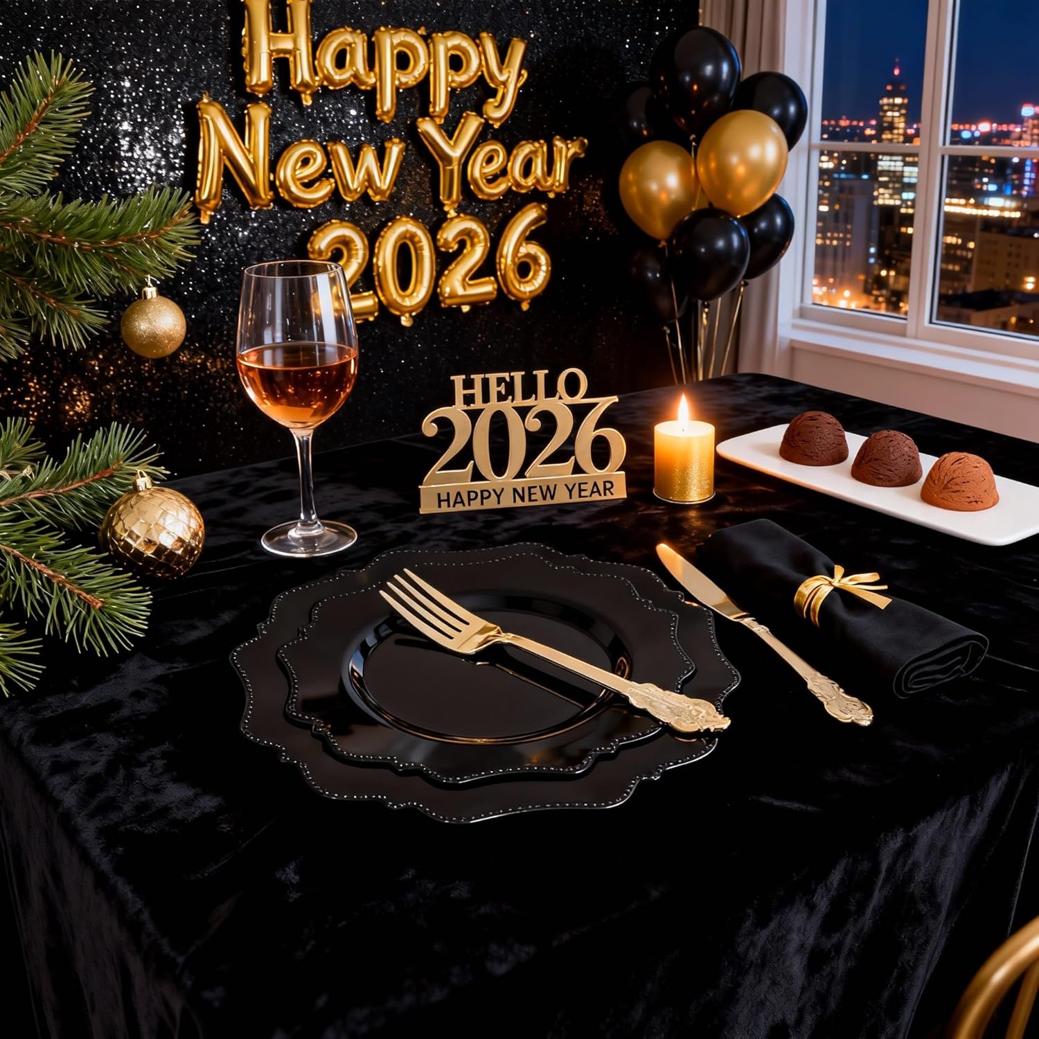 COLOSUS 100pcs Black Plastic Plates - Heavy Duty Black Plastic Plates Disposable for Party/wedding Include 50pcs Dinner Plates and 50pcs Dessert Plates.