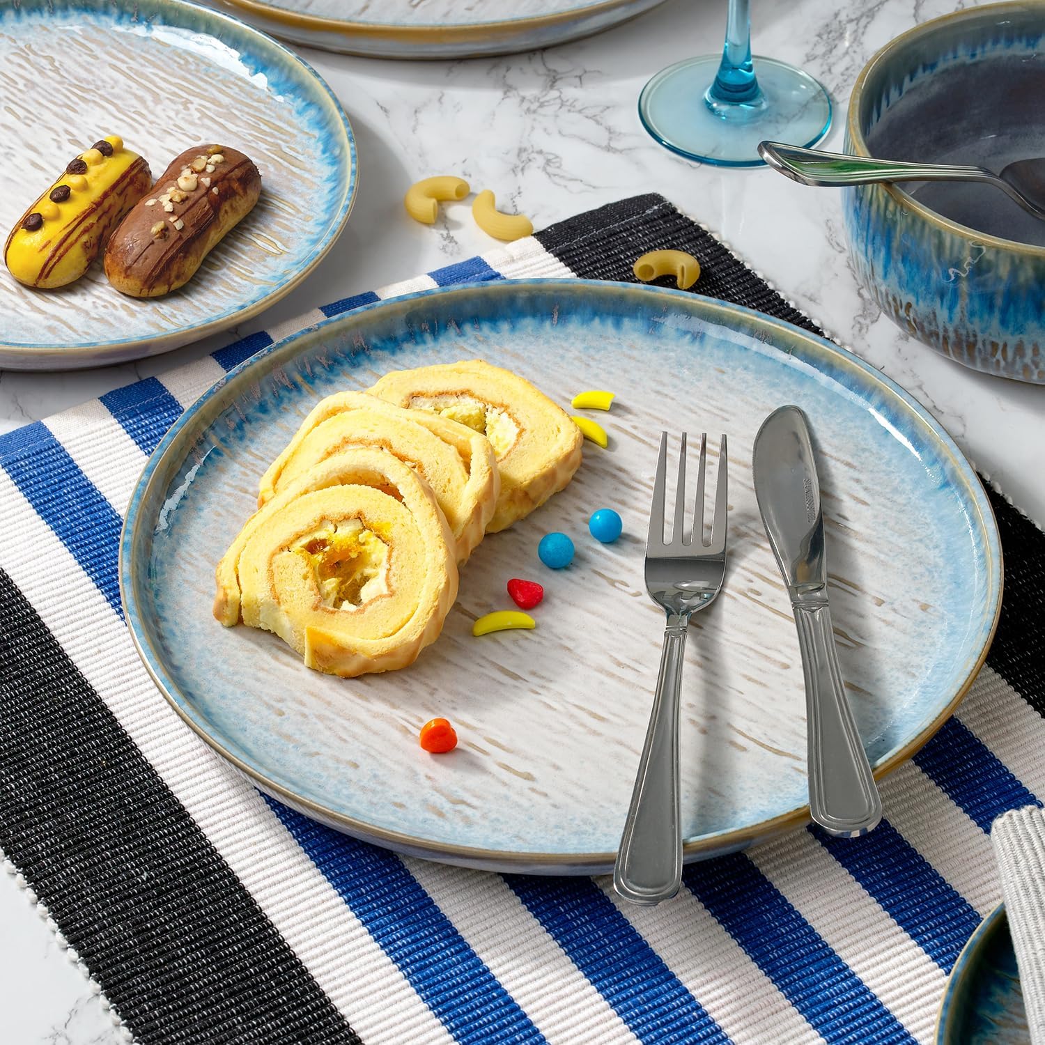 Joseph Sedgh Collection “Talia” 12-piece Stoneware Dinnerware Set with Reactive Glaze Finish, Service for 4, Blue Reactive Glaze