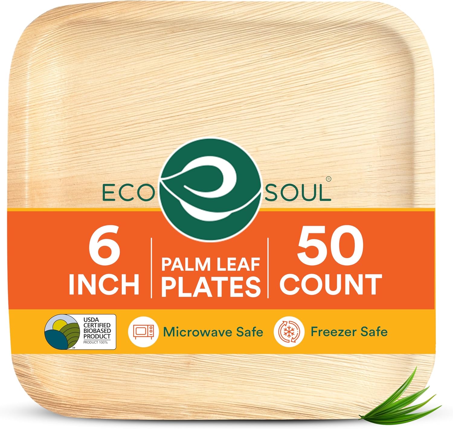 ECO SOUL Palm Leaf Plates 6" Square (50 Count) - Disposable, Eco-Friendly, Biodegradable Bamboo Appetizer Plates - Perfect Dinnerware for Christmas Parties, Weddings, Events & Holidays