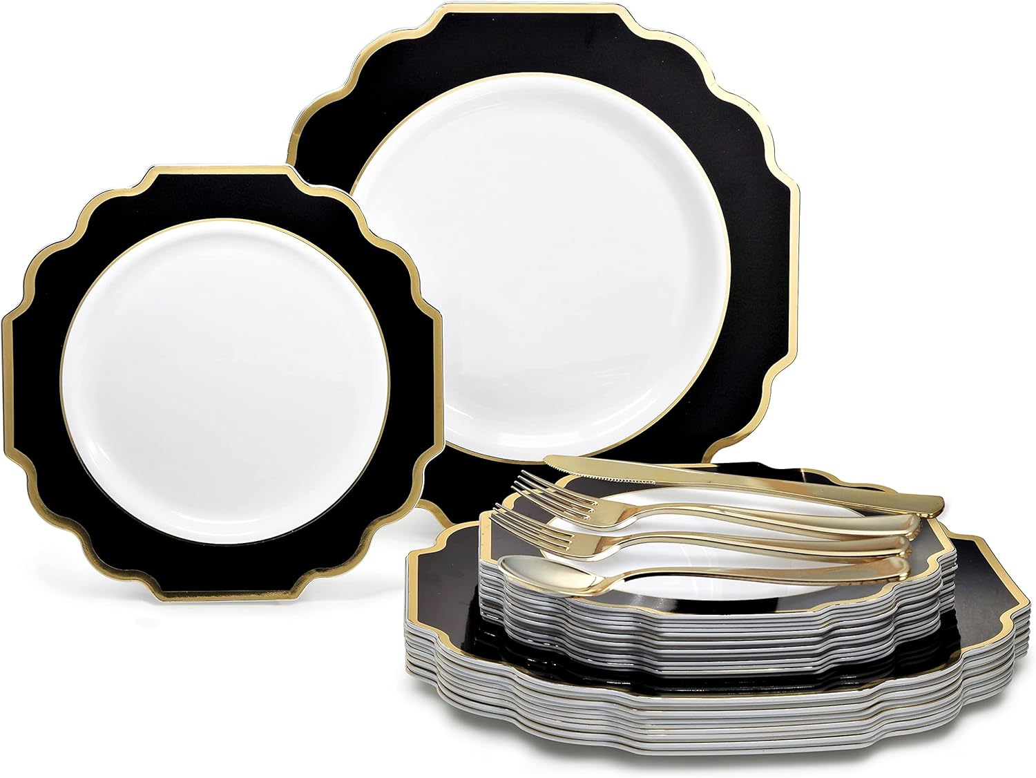 " OCCASIONS " 150 Piece set (25 Guests)-Wedding Plastic Plates & cutlery -Disposable heavyweight Dinnerware 10.5'', 8'' + Silverware w/double fork (Imperial in White/Black & Gold)