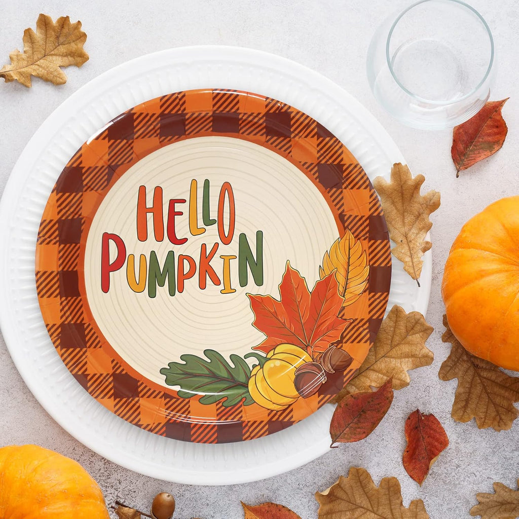 Whaline 24Pcs Thanksgiving Fall Paper Plates 9 Inch Hello Pumpkin Disposable Plates Black Orange Plaid Fall Harvest Paper Plates for Thanksgiving Party Holiday Dinner Tableware Supplies