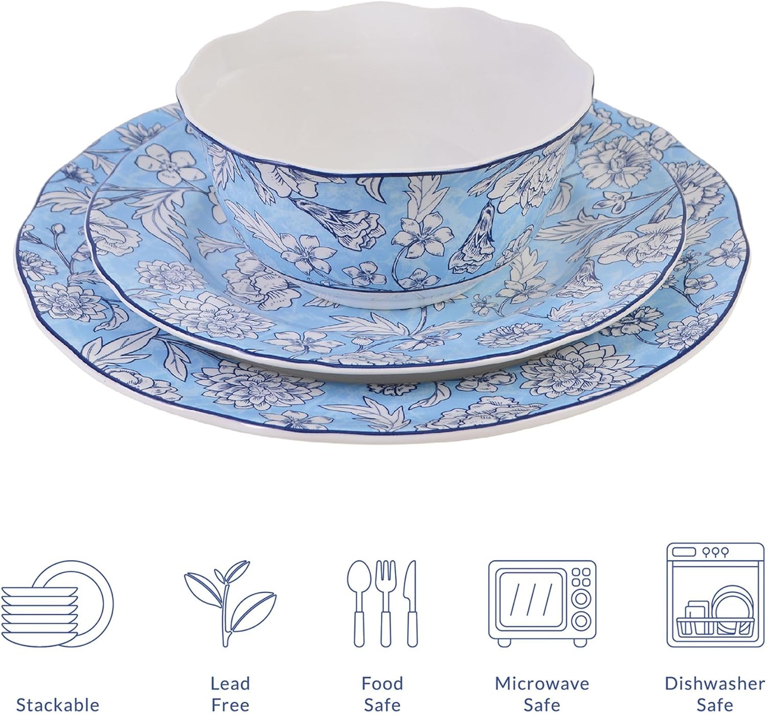 222 Fifth 12-Piece Porcelain Dinnerware Set for 4, White & Light Blue Plates and Bowls Set, Glossy Ceramic Dish Set with Ornate Floral Design, Kitchen Tableware, Microwave & Dishwasher Safe, Cleremont