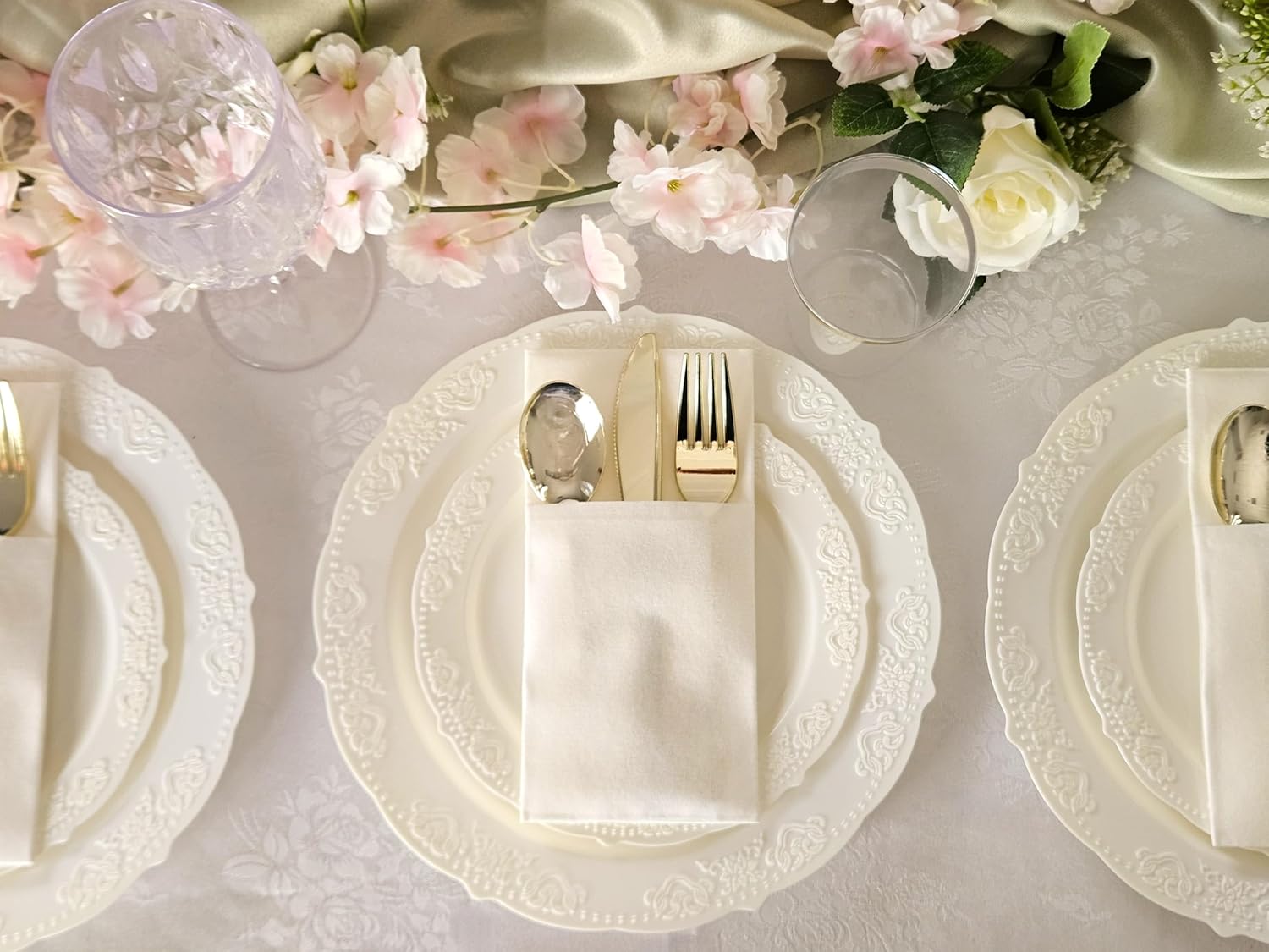 " OCCASIONS " 50 Plates Pack (25 Guests) Vintage Wedding Party Disposable Plastic Plate Set -25x10.25'' Dinner +25x7.5'' Salad/Dessert plates (Portofino Plain Ivory)