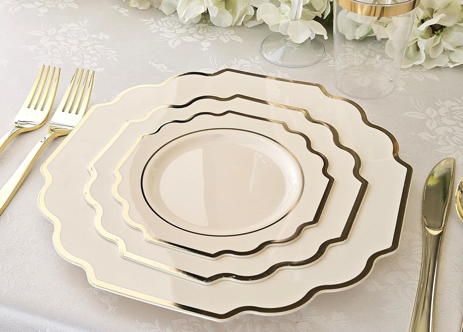 " OCCASIONS " 150 Piece set (25 Guests)-Wedding Plastic Plates & cutlery -Disposable heavyweight Dinnerware 10.5'', 8'' + Silverware w/double fork (Imperial Ivory & Gold)