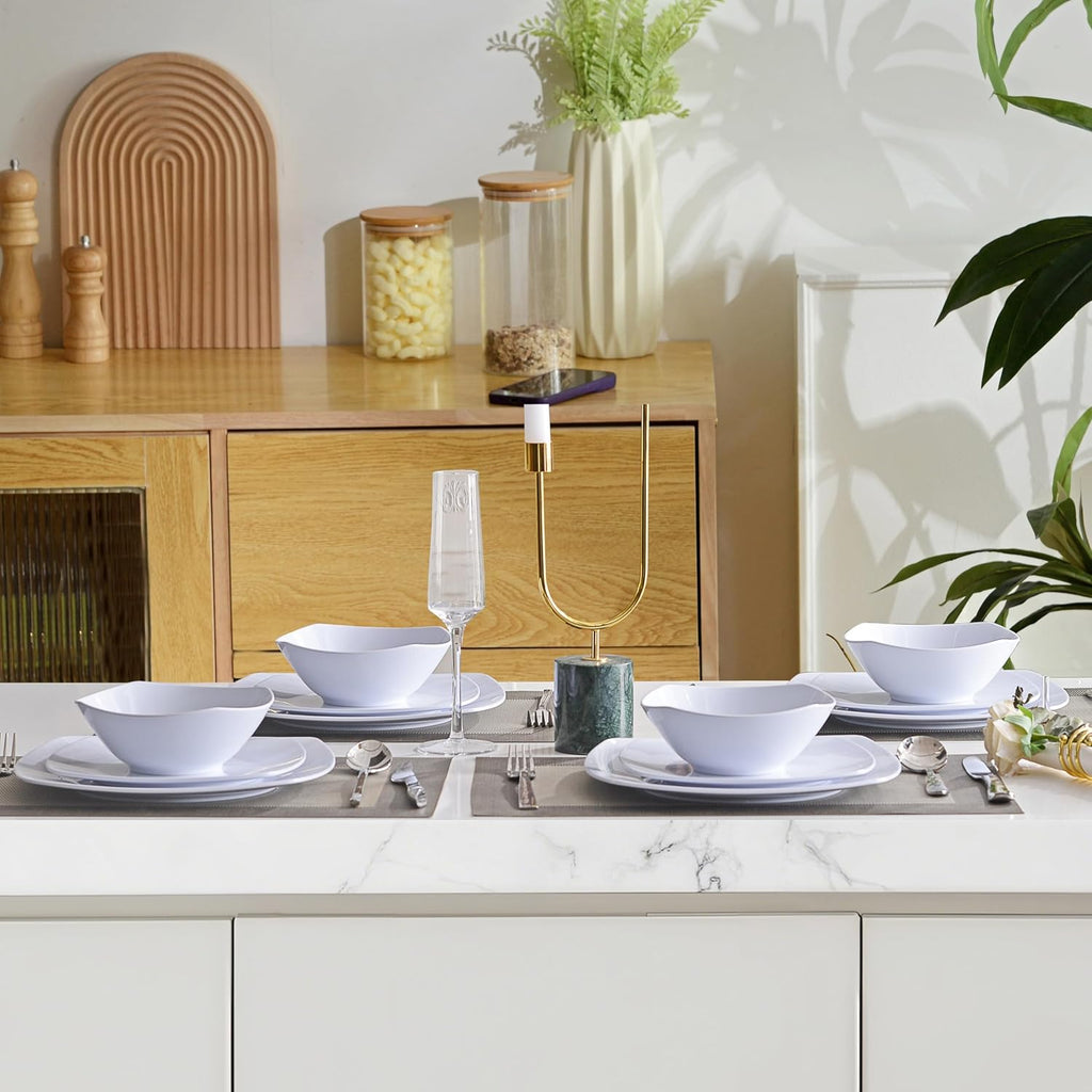 Melamine Dinnerware Sets, Square Dinnerware Sets, White Color Plates and Bowls Sets for 4, Unbreakable Dishwasher Safe BPA Free