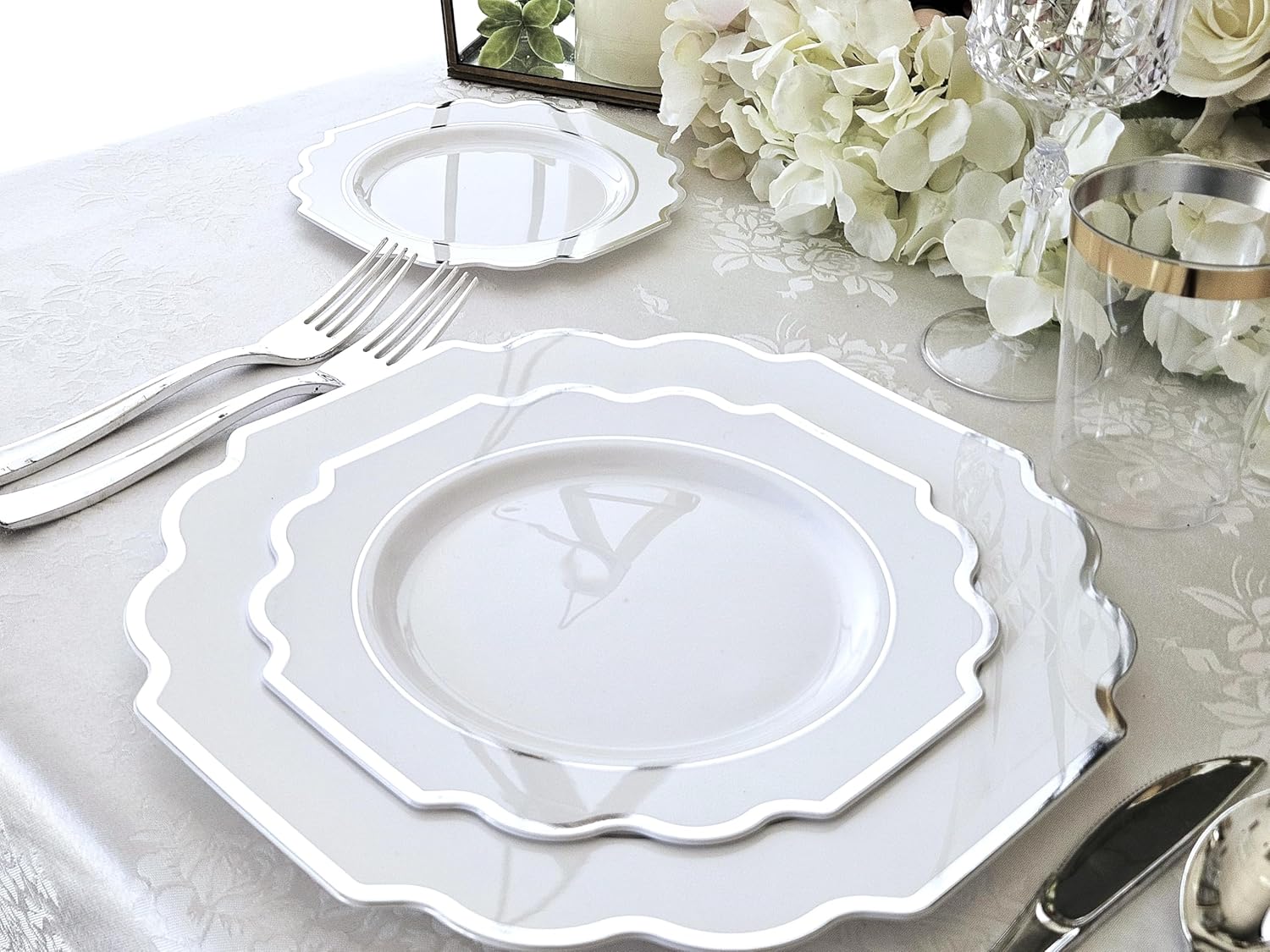 " OCCASIONS " 120 Plates Pack,(60 Guests) Heavyweight Wedding Party Disposable Plastic Plates Set -60 x 10.5'' Dinner + 60 x 8'' Salad/Dessert Plate (Imperial in White & Silver Rim)