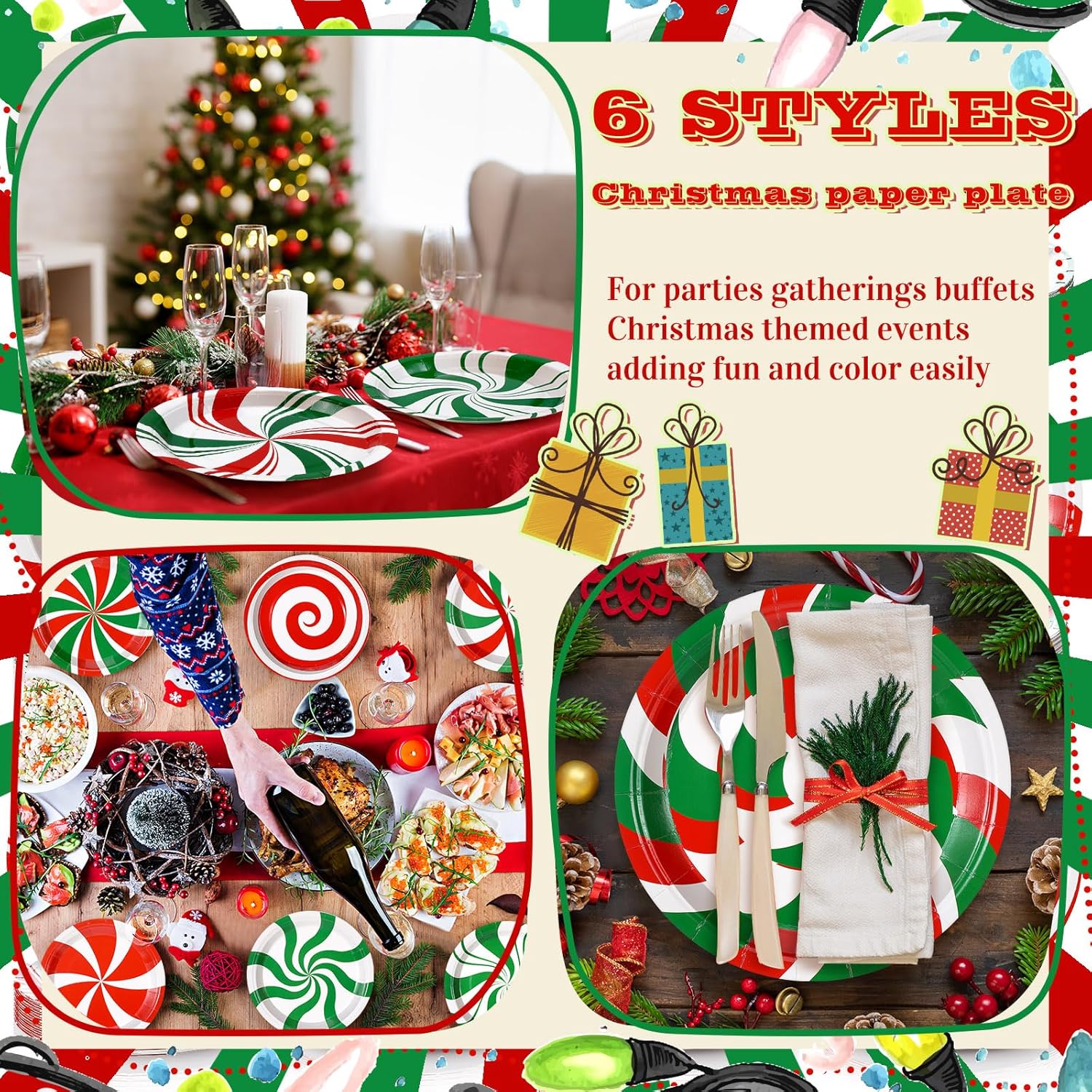 96 Pcs Christmas Paper Plates Disposable Red and Green Candy Christmas Dinner Plates for Xmas Birthday Party Decoration Supplies