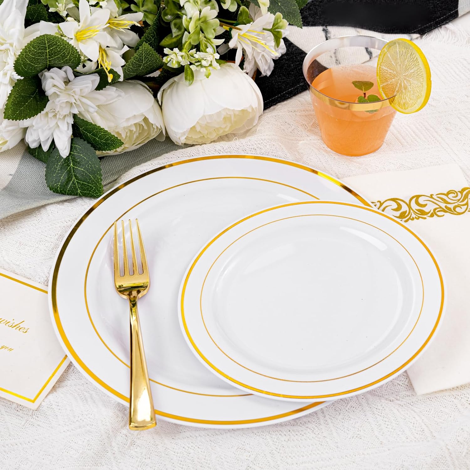175 Pcs Gold Dinnerware Set, Plastic Plates Disposable for 25 Guests Include:25 Gold Rim Dinner Plates, 25 Dessert Plates, 25 Paper Napkins, 25 Cups, 25 Silverware Set Perfect for Party