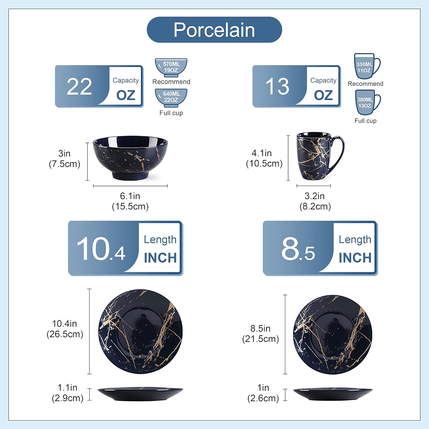 LOVECASA Porcelain Dinnerware Sets for 4, 16 PCS Plates and Bowls Set, Color Glaze with Gold Plate Dish Set, Dinner Sets with Dinner Plates, Dessert Plate, Bowls and Mugs, Dark Blue