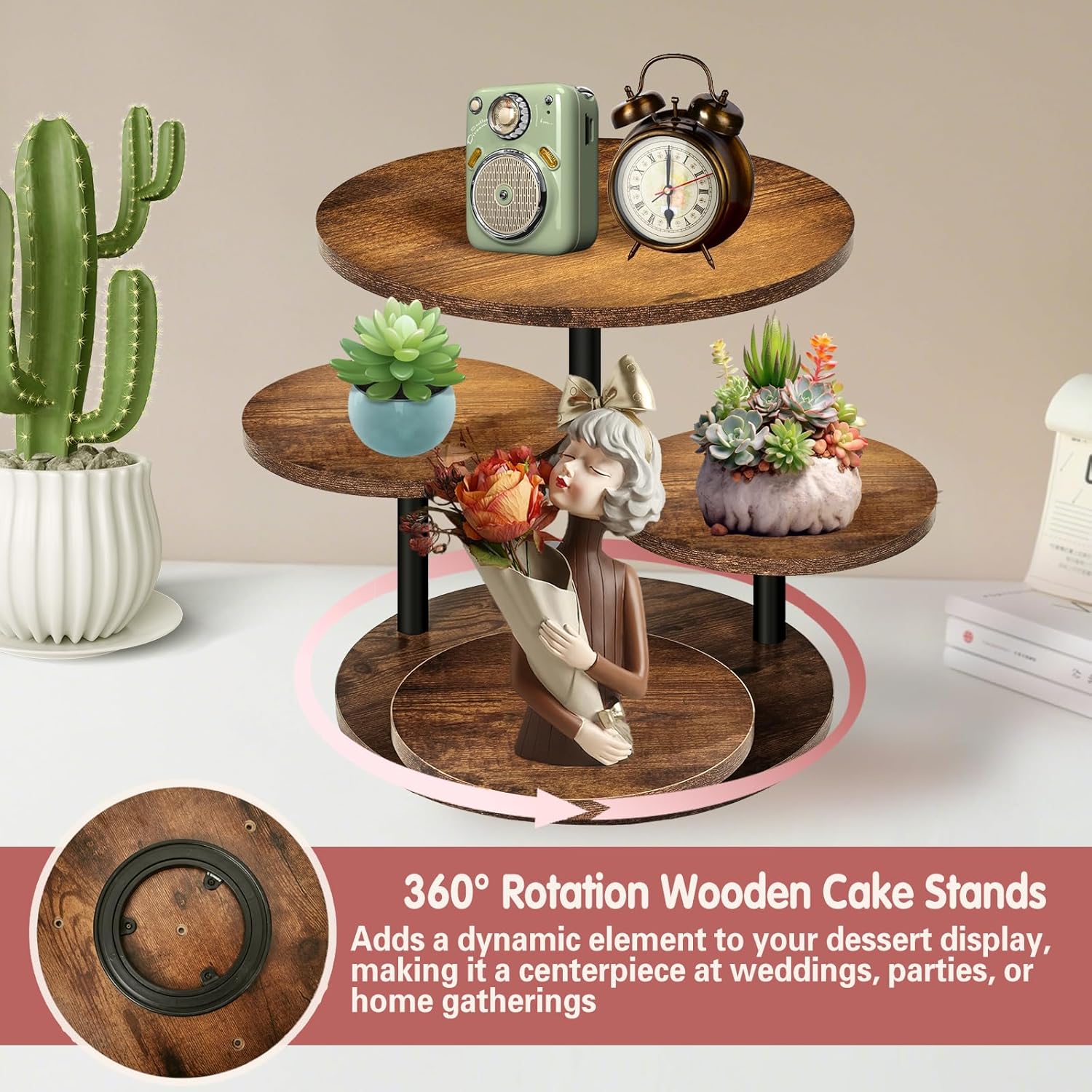 4 Tier Cupcake Tower Stands for 50 Cupcakes,360° Rotatable Round Cup Cake Stand with Tiered Tray,Farmhouse Wooden Dessert Table Display Stands for Wedding Birthday Baby Shower Tea Party