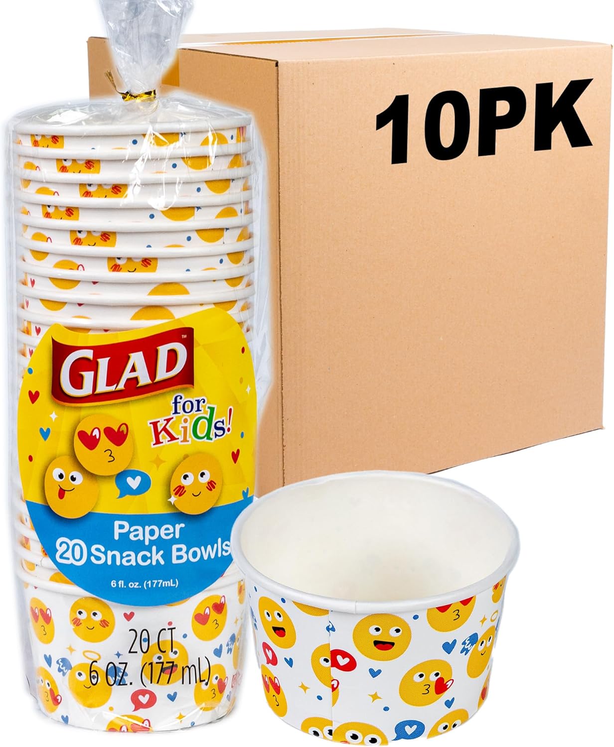 Glad for Kids Emoji Print Paper MINI Snack Bowls, Lids Not Included - Disposable Snack Cups with Emojis for Kids Heavy Duty, 6 Ounces, 20 Count - 10 Pack