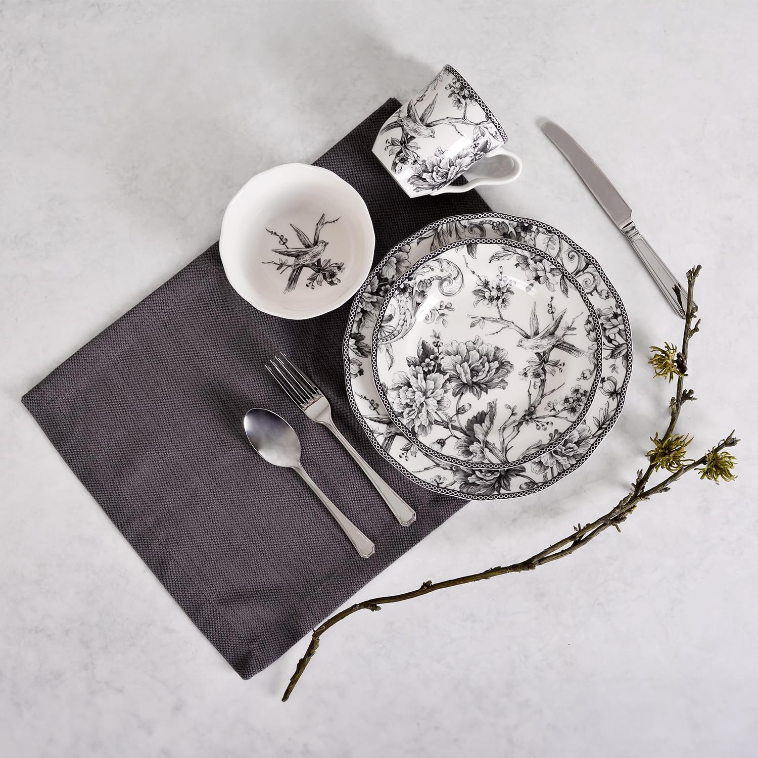 222 Fifth Adelaide 16-Piece Black Porcelain Dinnerware Set – Service for 4, Featuring Hand-Applied Romantic Woodland Bird Design, for Everyday Dining & Entertainment, Microwave & Dishwasher Safe