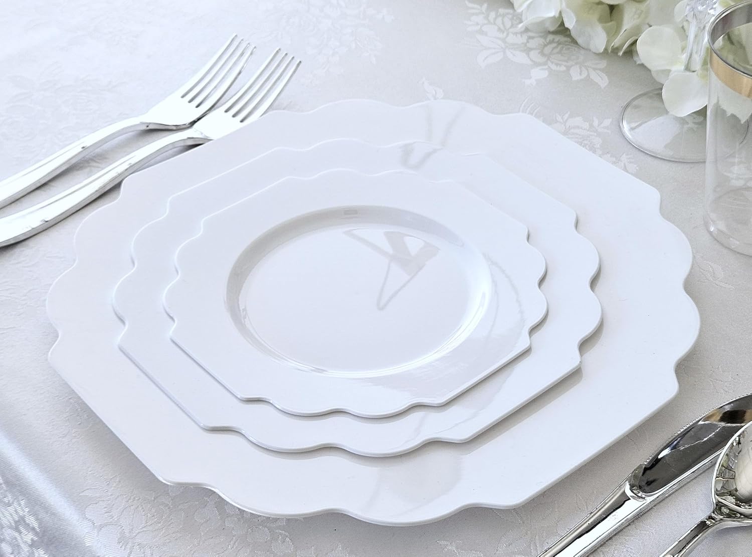 " OCCASIONS " 150 Piece set (25 Guests)-Wedding Plastic Plates & cutlery -Disposable heavyweight Dinnerware 10.5'', 8'' + Silverware w/double fork (Imperial in White)