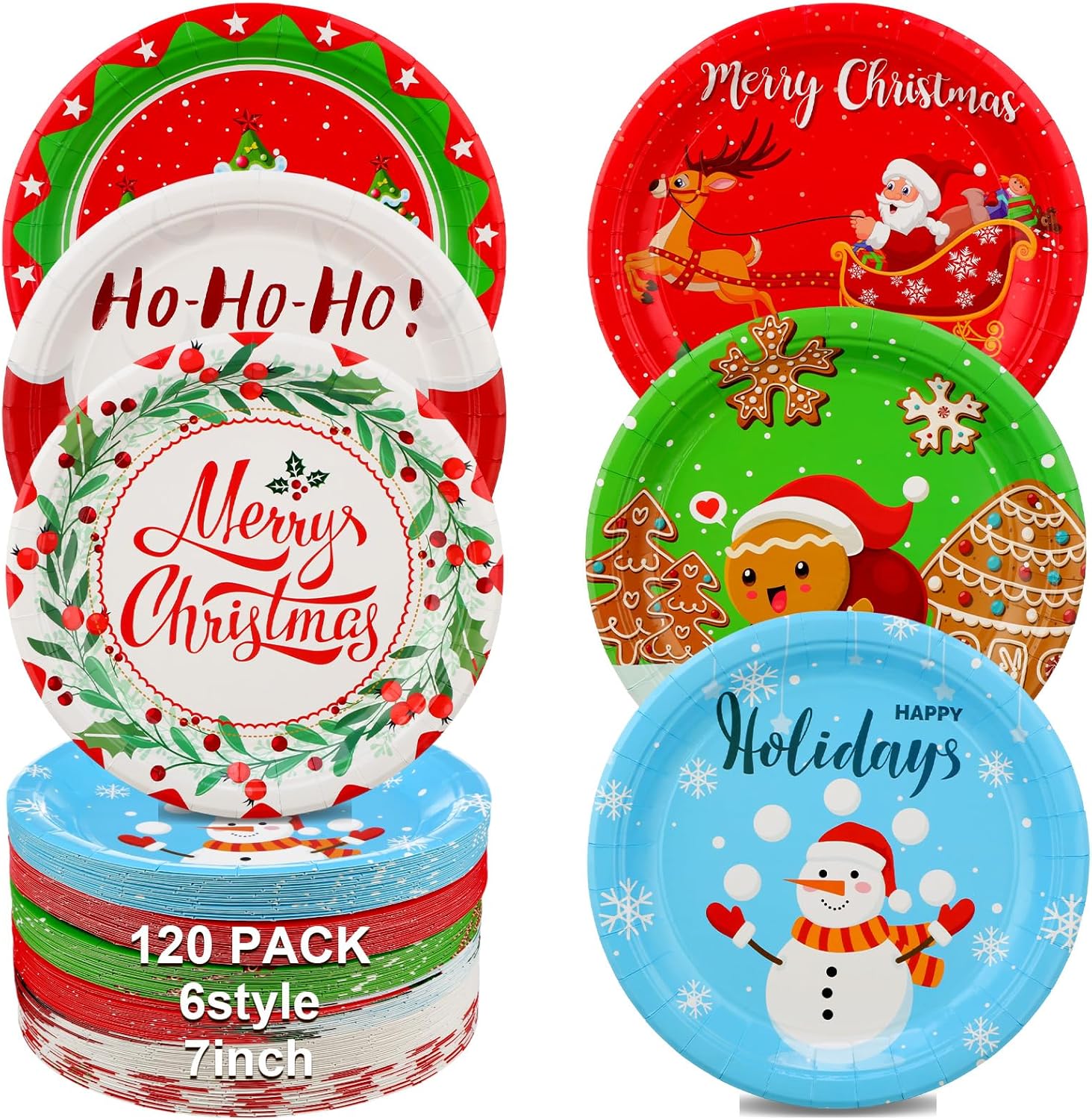 Sliner 120 Pcs Christmas Plates Paper Dessert Disposable Plates Santa Snowman Christmas Wreath Reindeer Gingerbread Man Design, for Christmas Party Supplies Christmas Decorations, 6 Styles(7 Inch)