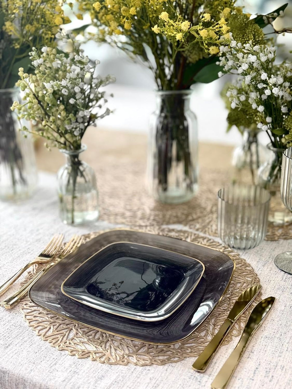 " OCCASIONS " 120 Pieces Pack,(60 Guests) Premium Wedding Party Disposable Plastic Plates Set -60 x 10'' Dinner + 60 x 7'' Salad/Dessert (Belize Square in Smoke Gray & Gold)