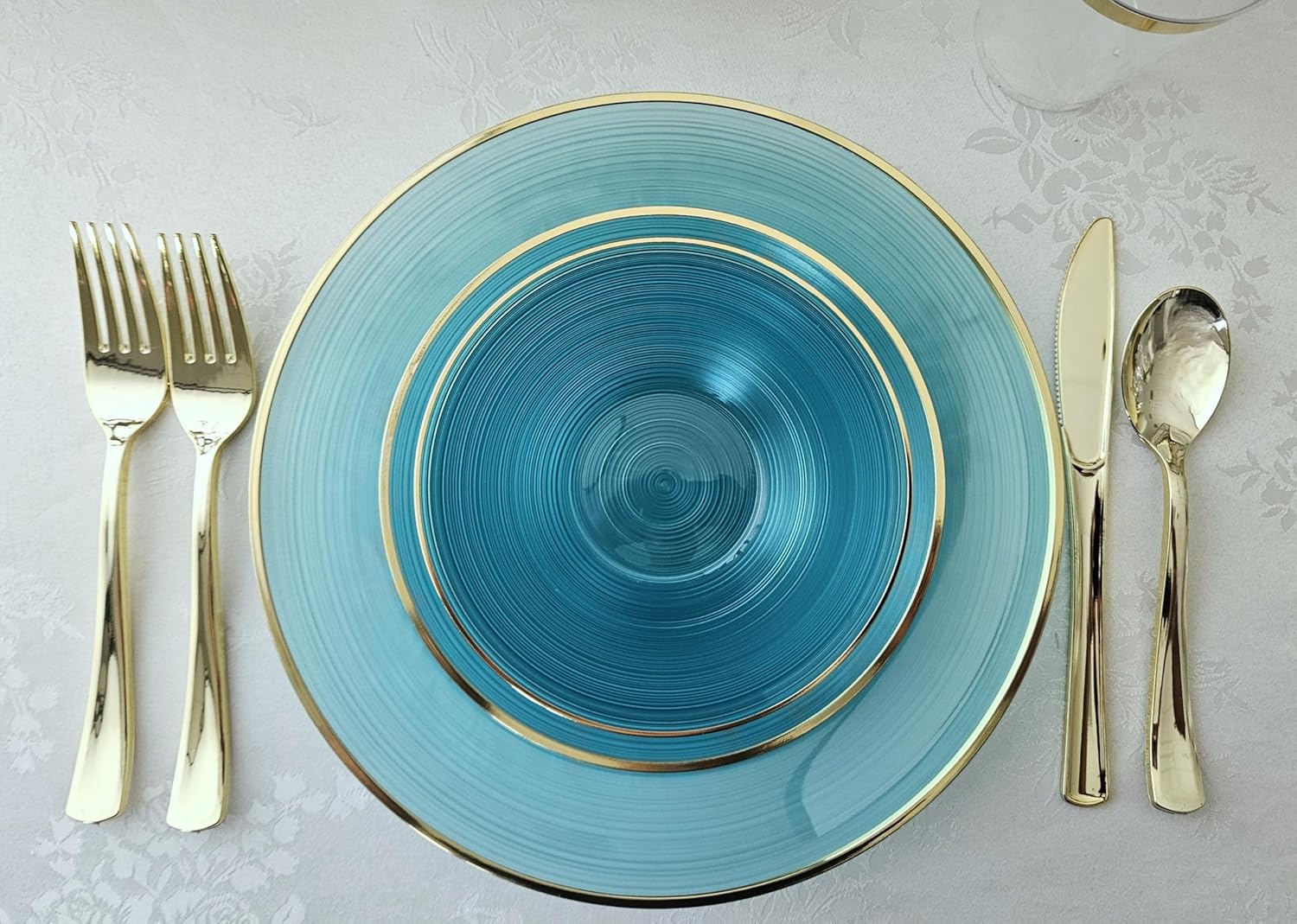 " OCCASIONS " 100 Plates Pack,(50 Guests) Premium Wedding Party Disposable Plastic Plates Set -50 x 10'' Dinner + 50 x 7'' Salad/Dessert (Belize in Aqua & Gold)