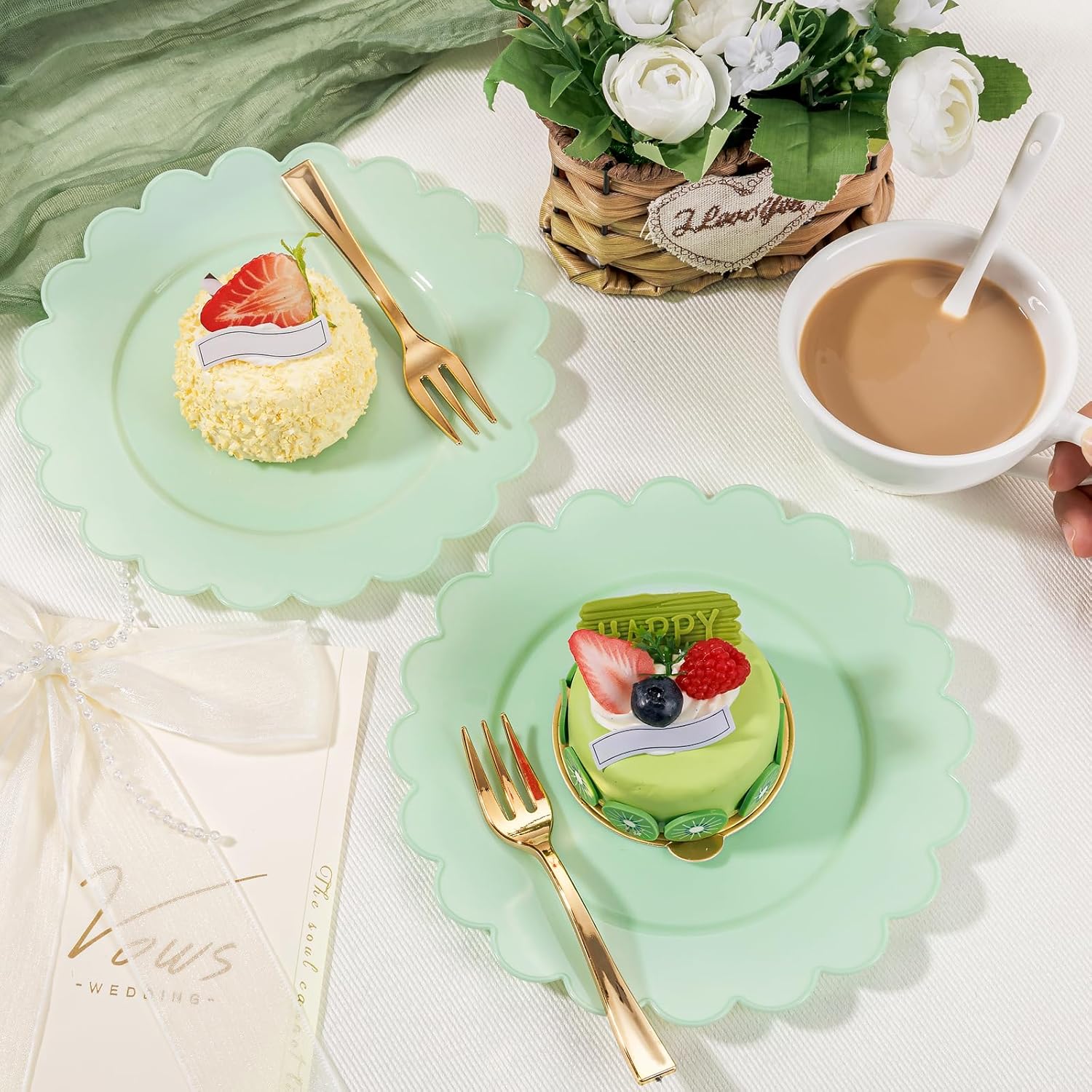 LIYH 200 Pcs Sage Green Plastic Disposable Plates and Gold Forks 7.5 Inch Scalloped Dessert Appetizer Plates, Cake Forks 5" for Wedding Holiday Party Self-Service Dining Table Decoration
