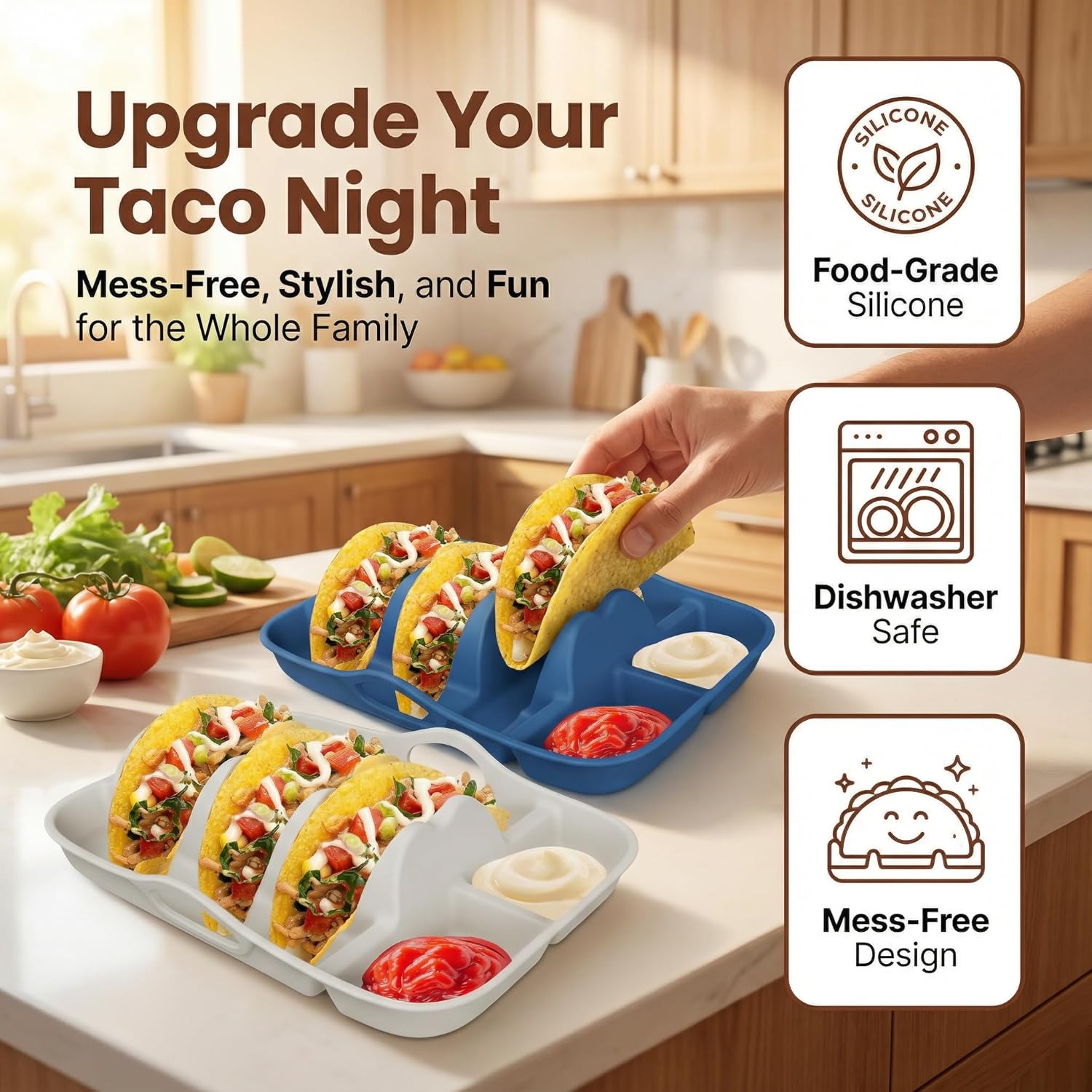 Classic White & Navy Silicone Taco Holder Set of 2, with Dip Bowls & Dividers, Elegant Non-Slip Serving Plates for Hard/Soft Tacos, Dishwasher & Microwave Safe Party Essential