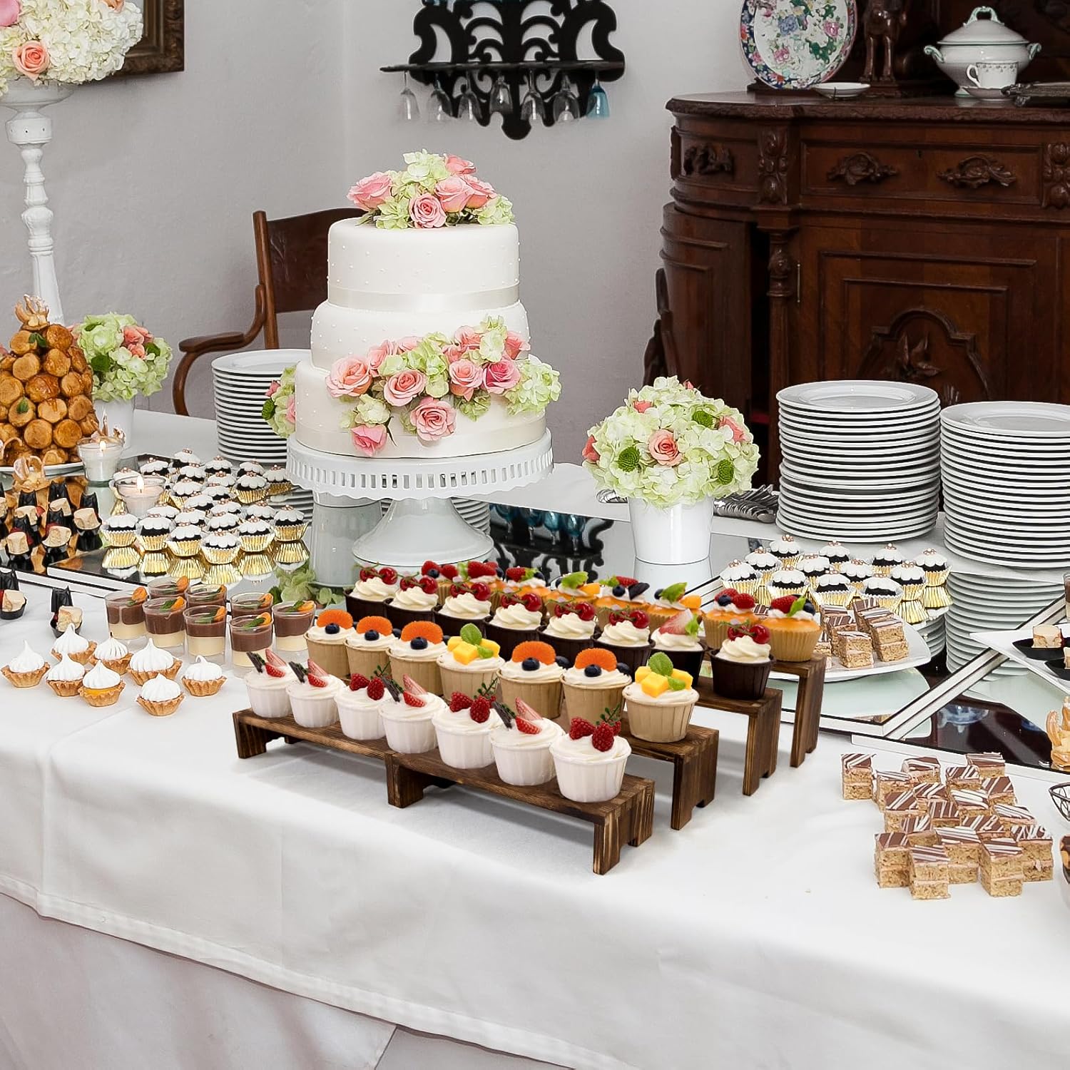 Large Display Wood Risers Wooden Stand 8 Tier Wood Racks Decorative Rectangular, 2 Set 8 Pieces Cupcake Stands Cologne Perfume Organizer Showcase Items(Brown)