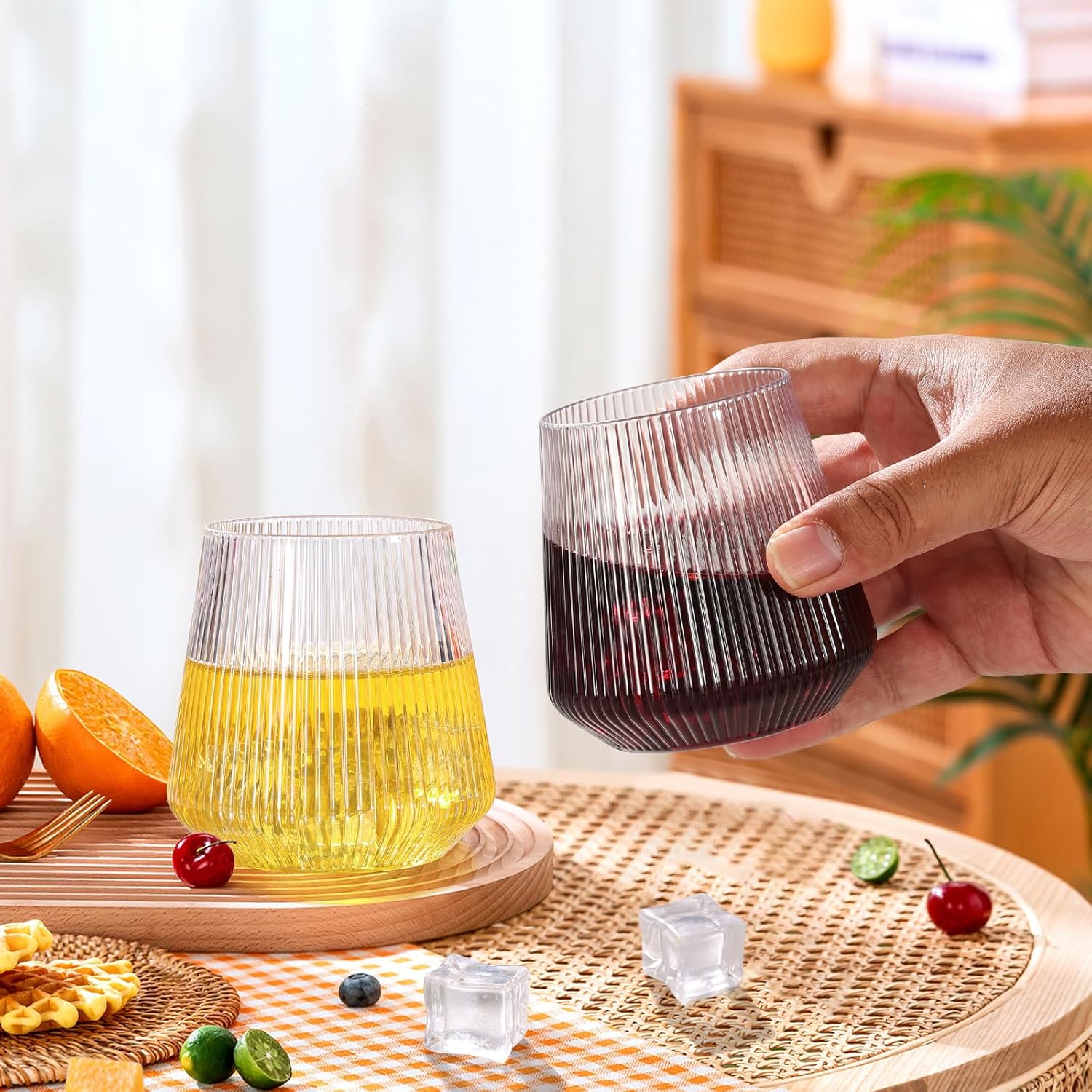 tchrules 40 Pack 12oz Plastic Stemless Wine Glasses, Clear Disposable Ribbed Cocktails Whiskey Glasses, Unbreakable Outdoor Plastic Drinking Cups for Party Wedding Birthday Holiday Mimosa Bar Supplies