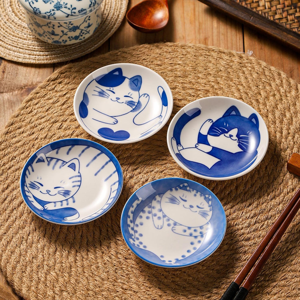 VanEnjoy Small Cute Ceramic Dishware Sets, Kawaii Cat Plates, Blue Shushi Plate Set Of 4, Japanese Plates, Dessert Plates Ceramic
