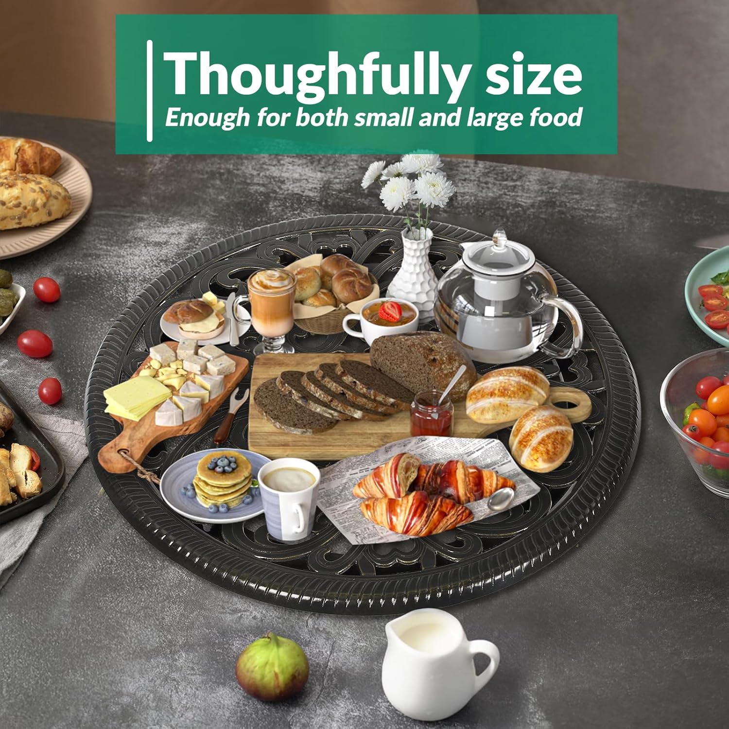 VIVIJASON 24" Cast Aluminum Lazy Susan Turntable, 360° Rotating Display Tray with Silent Bearings, Round Table Top Swivel Serving Plate with Umbrella Hole for Outdoor Dining Table, Floral Style