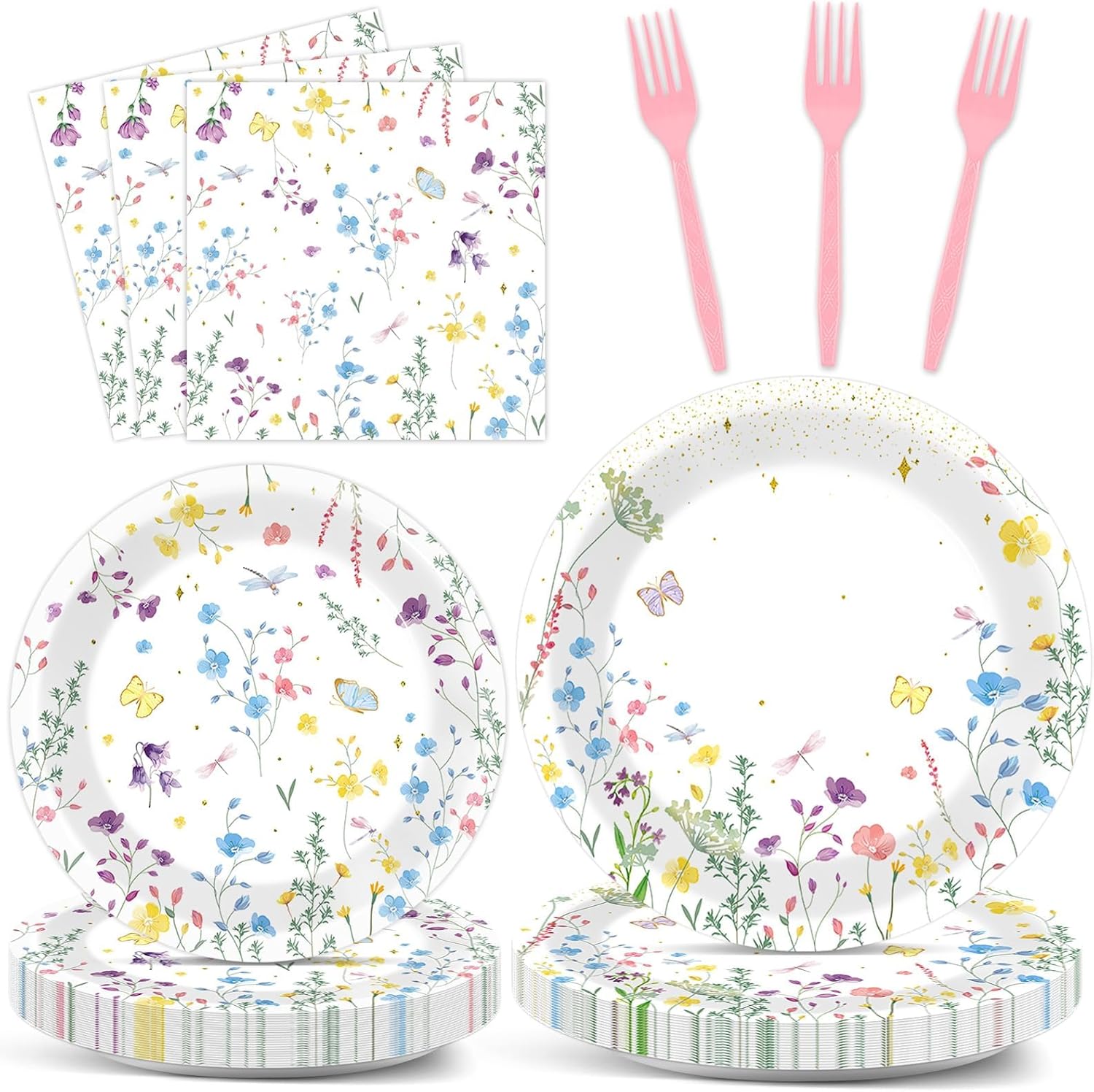 OBUSATT 100 Pcs Wildflower Paper Plates and Napkins Party Supplies Wildflower Party Decorations Floral Wildflower Disposable Plates Set for Summer Spring Birthday Baby Shower Wedding, Serve 25 Guests