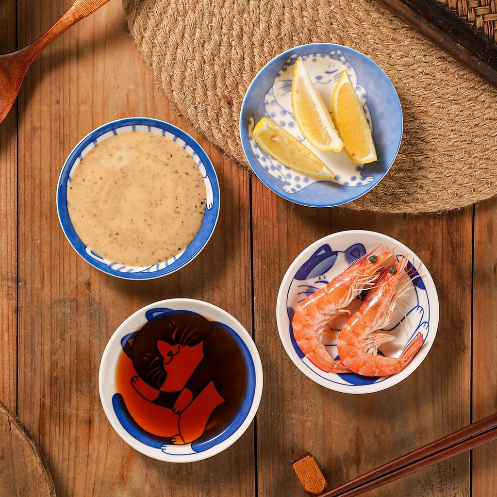 VanEnjoy Small Cute Ceramic Dishware Sets, Kawaii Cat Plates, Blue Shushi Plate Set Of 4, Japanese Plates, Dessert Plates Ceramic