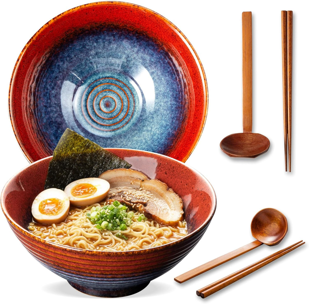8 Inch Ceramic Ramen Bowl Set of 2, 40oz Japanese Bowls with Spoons ...