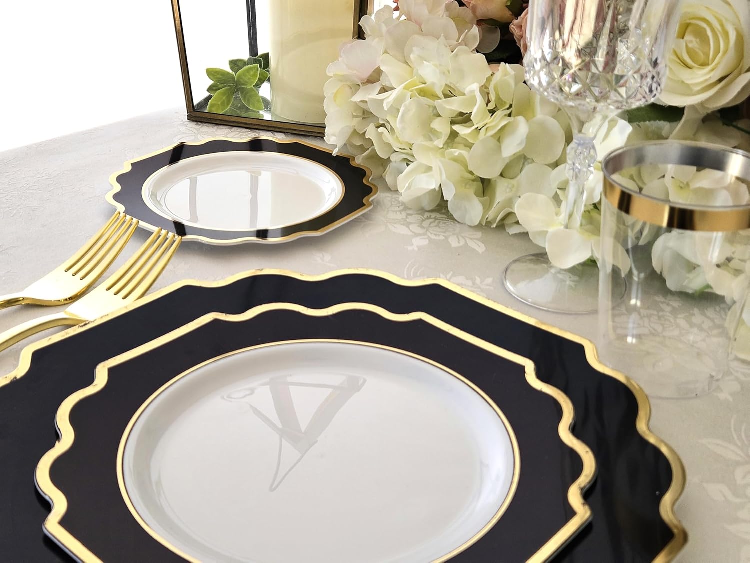 " OCCASIONS " 150 Piece set (25 Guests)-Wedding Plastic Plates & cutlery -Disposable heavyweight Dinnerware 10.5'', 8'' + Silverware w/double fork (Imperial in White/Black & Gold)